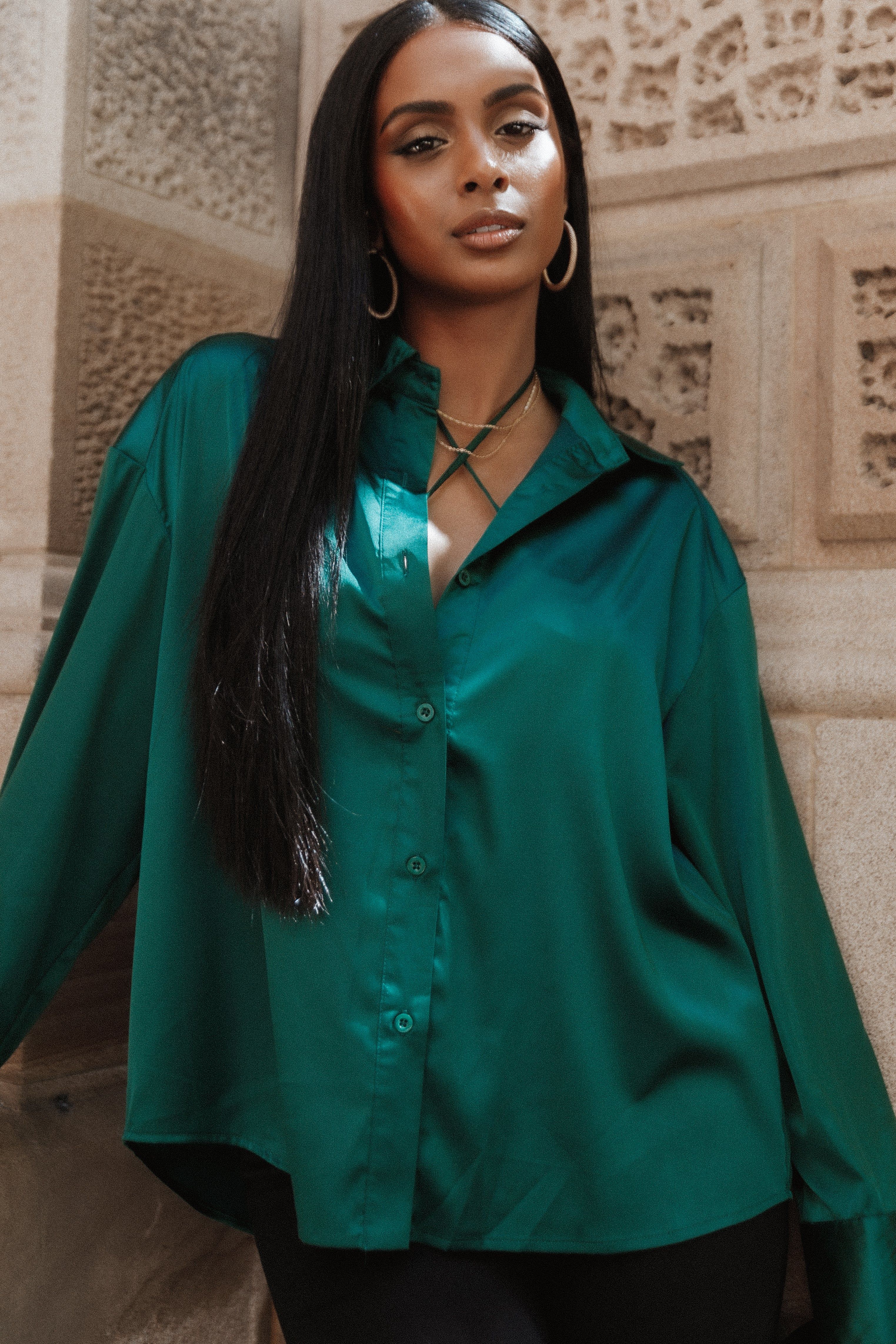 Selena Satin Button Down Top - Hunter Green sold by Petal & Pup