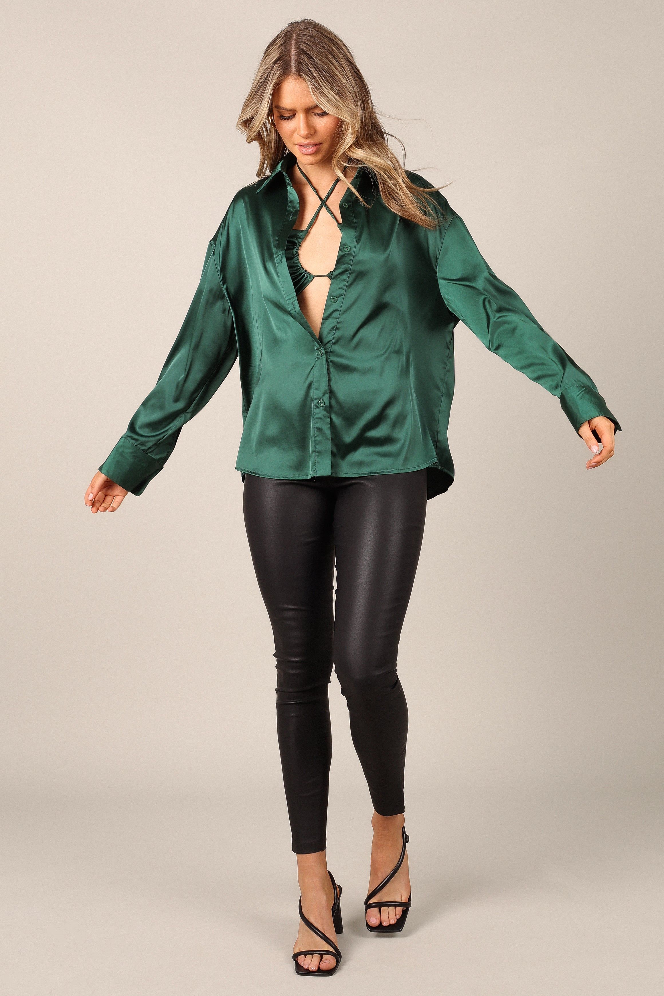 Selena Satin Button Down Top - Hunter Green sold by Petal & Pup product image thumbnail 7