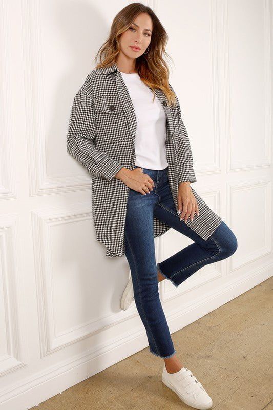 Heather Houndstooth Long Shacket - Black Houndstooth Check sold by Petal & Pup
