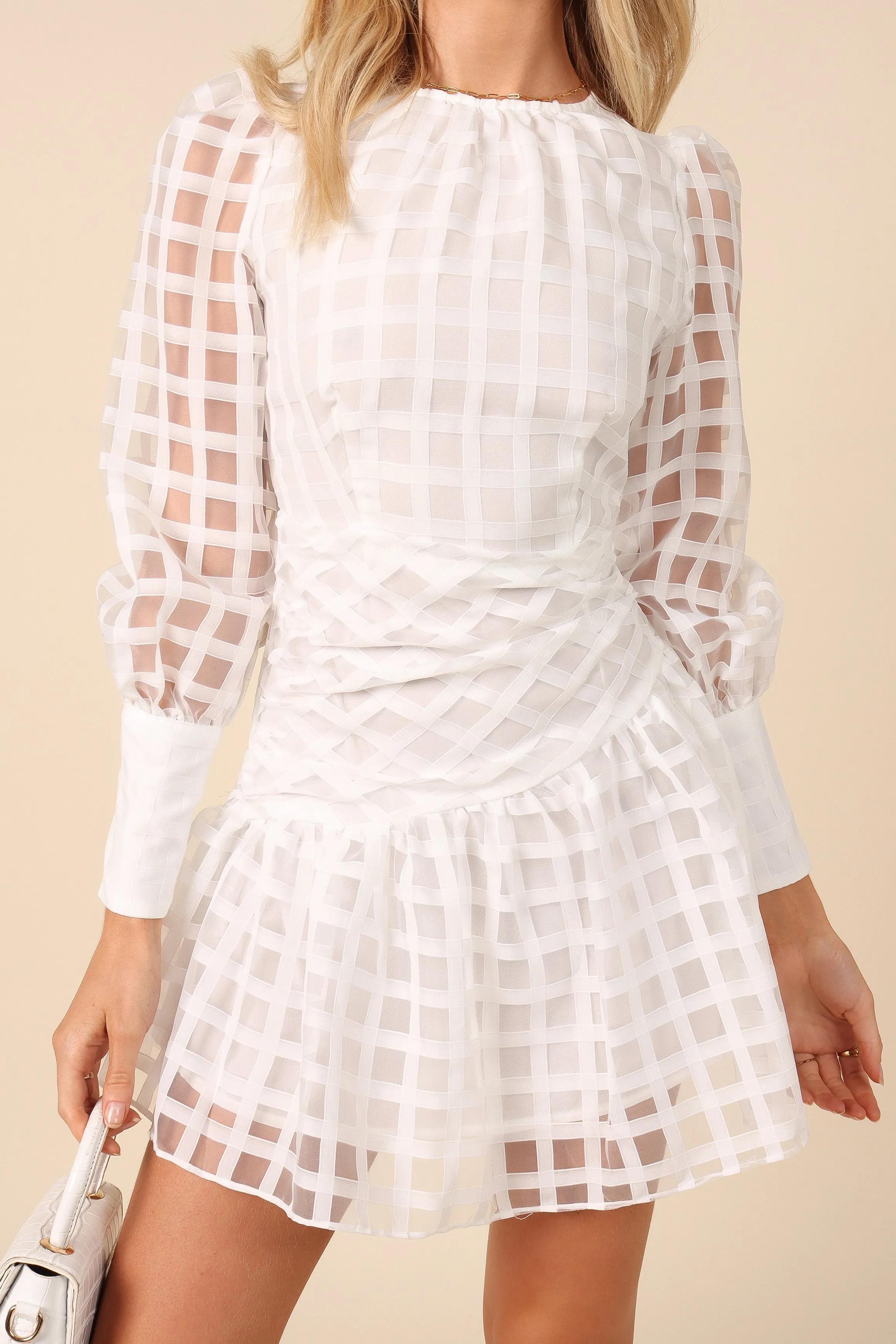 Thrilling Long Sleeve Puff Shoulder Mini Dress - White sold by Petal & Pup product image thumbnail 2