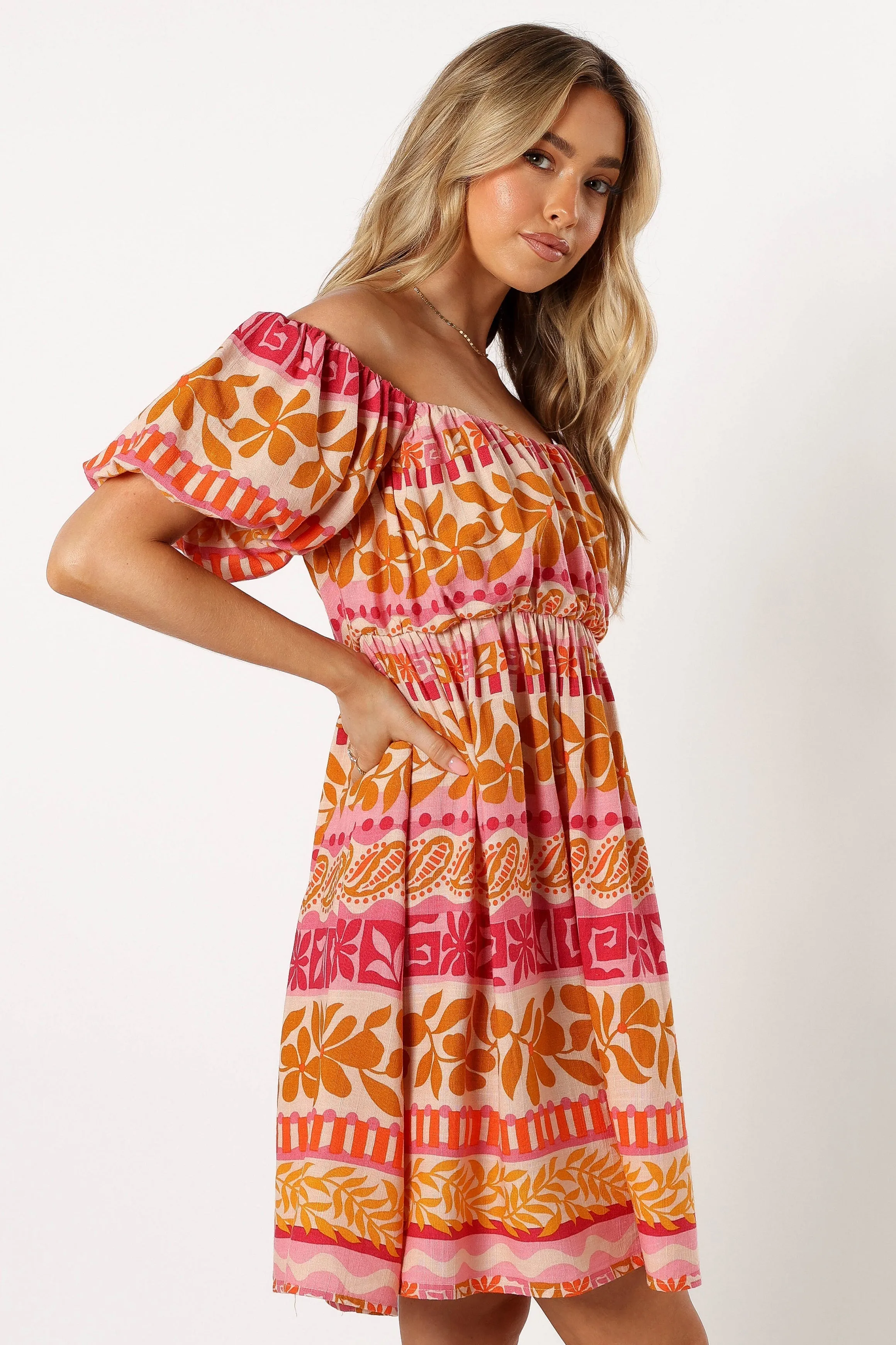 Siesta Off Shoulder Mini Dress - Yindi Print sold by Petal & Pup product image thumbnail 4