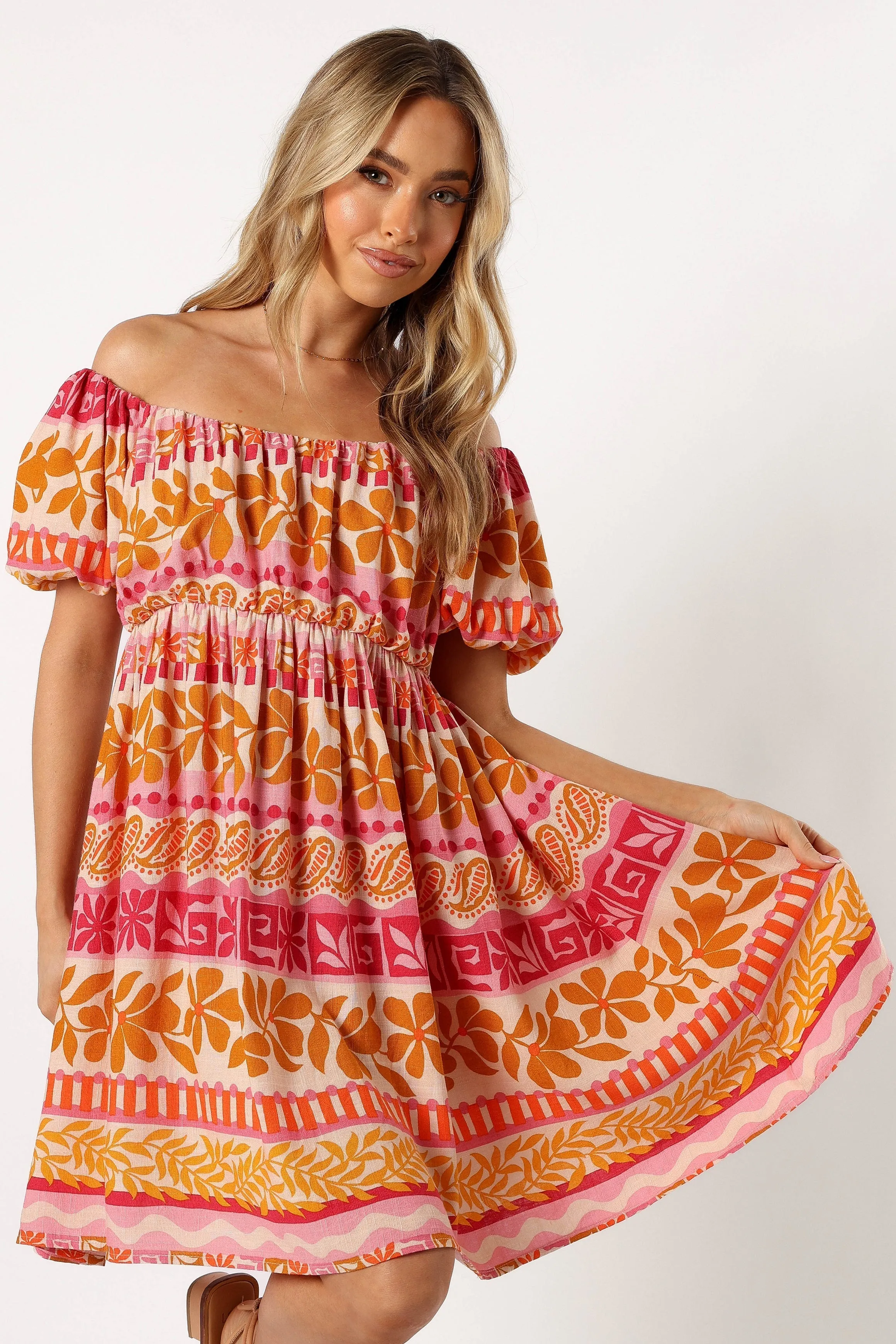 Siesta Off Shoulder Mini Dress - Yindi Print sold by Petal & Pup