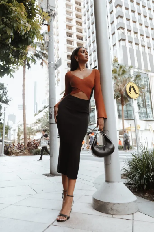 Luxxe Long Sleeve Maxi Knit Dress - Black/Tan sold by Petal & Pup