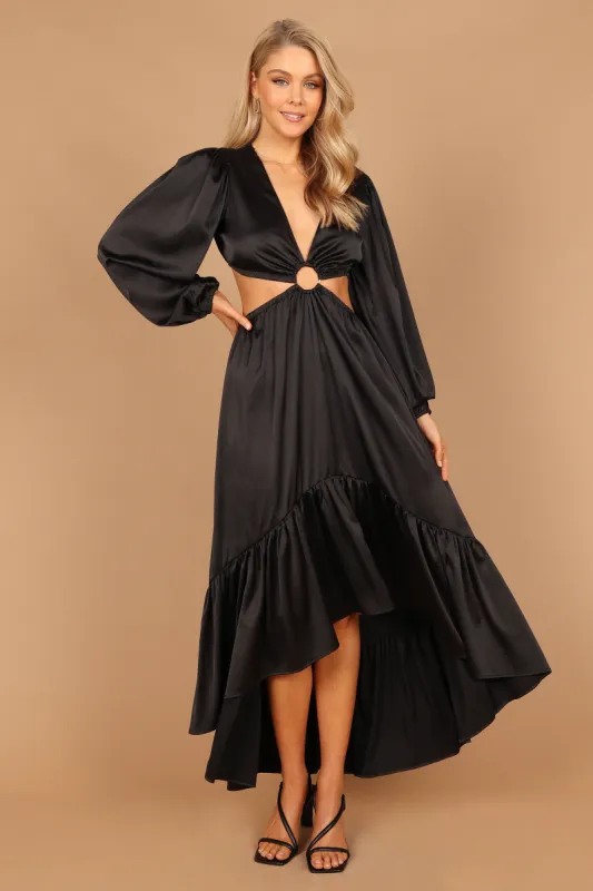 Minnow Satin Ruffle Tier O-Ring Cut Out Maxi Dress - Black sold by Petal & Pup