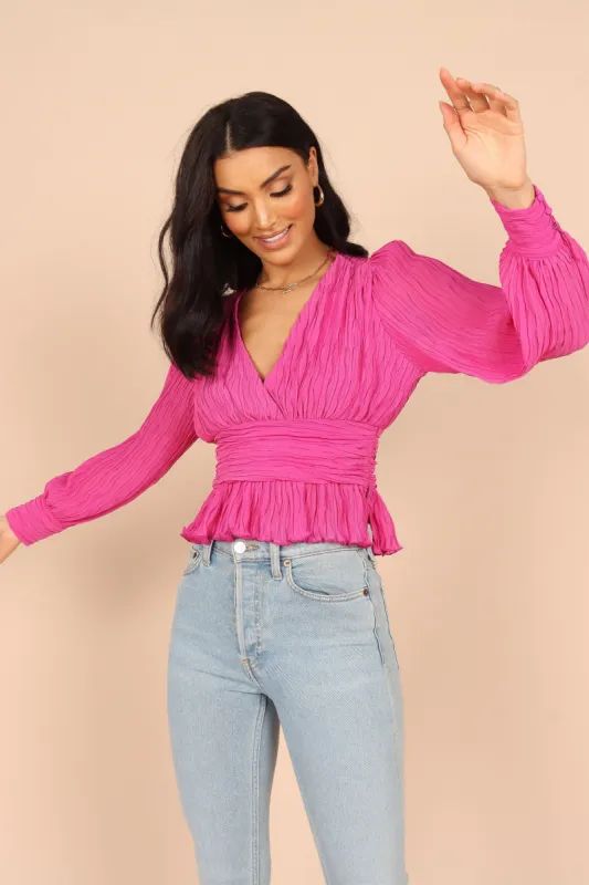 Delilah Pleated V Neck Top - Fuchsia sold by Petal & Pup