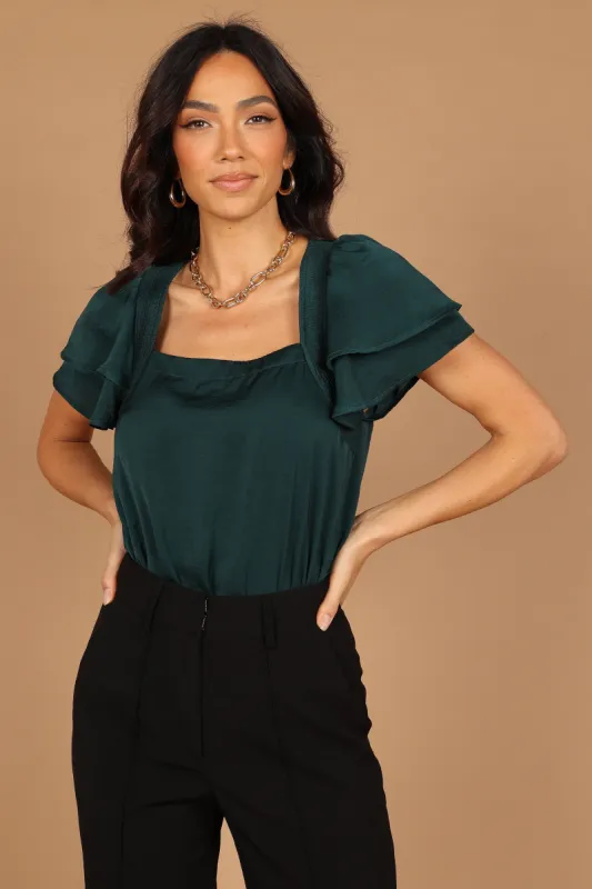 Alison Ruffle Sleeve Satin Bodysuit - Green sold by Petal & Pup