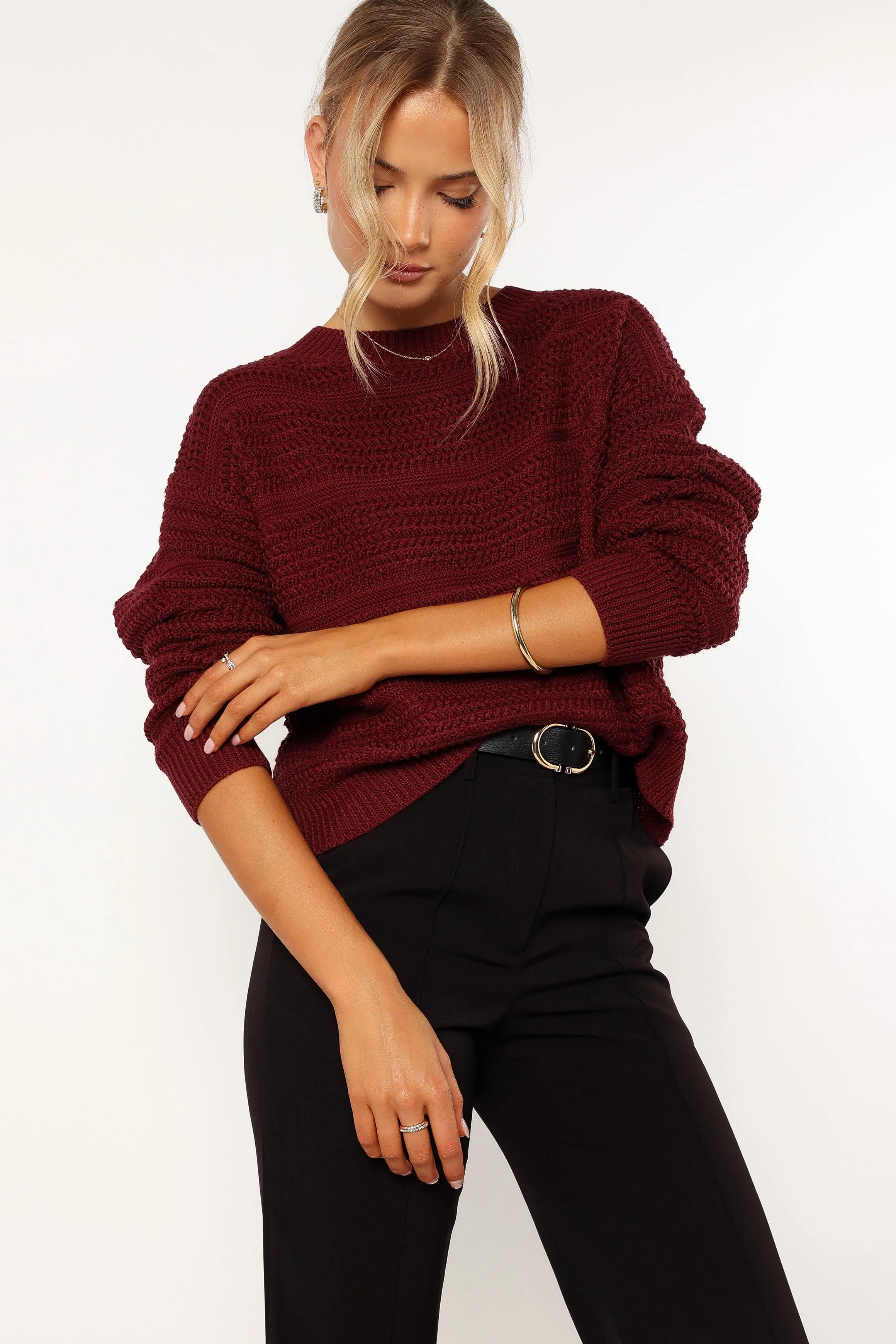 Nancy Crewneck Textured Knit Sweater - Burgundy sold by Petal & Pup product image thumbnail 5