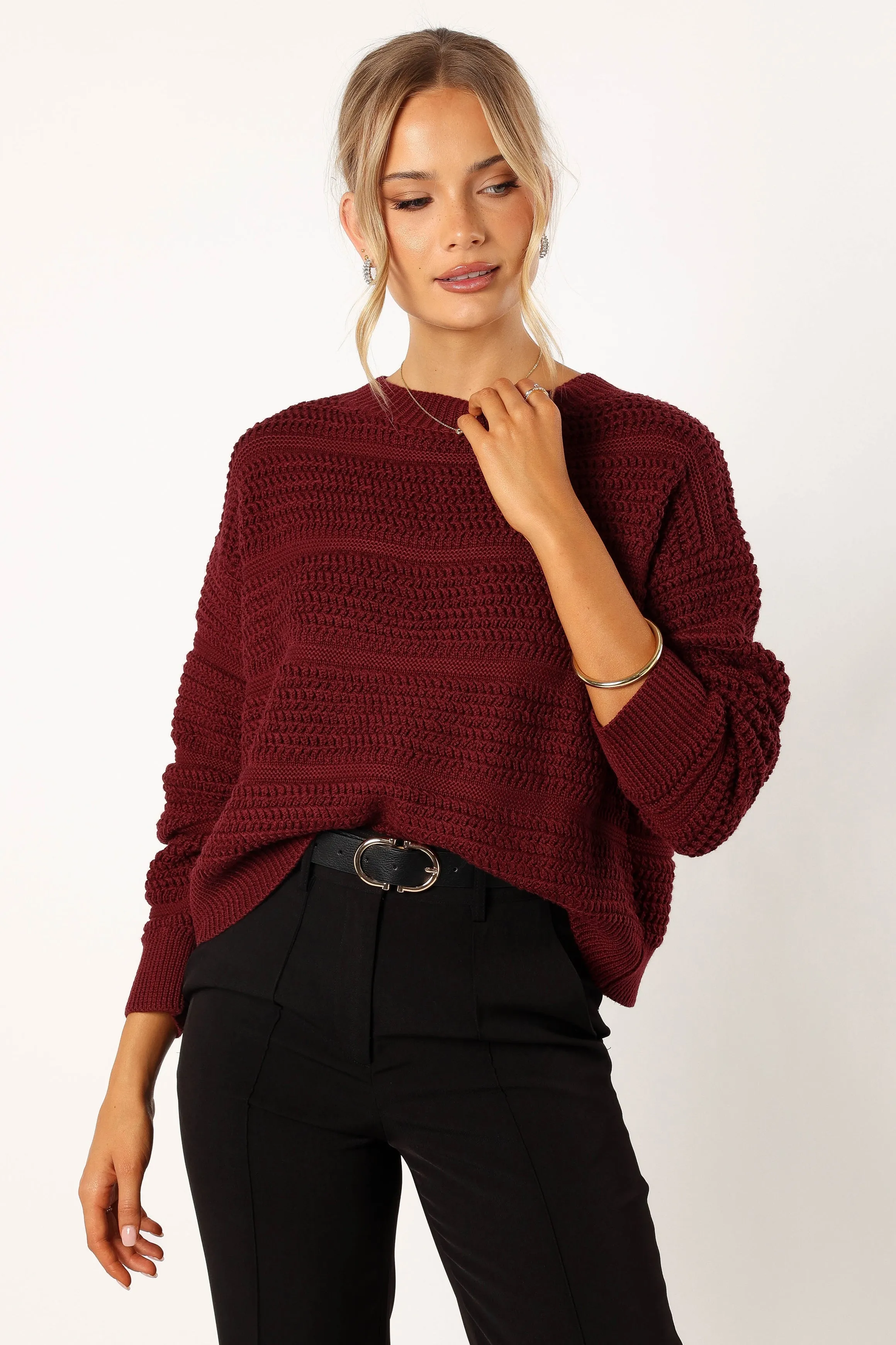 Nancy Crewneck Textured Knit Sweater - Burgundy sold by Petal & Pup product image thumbnail 2
