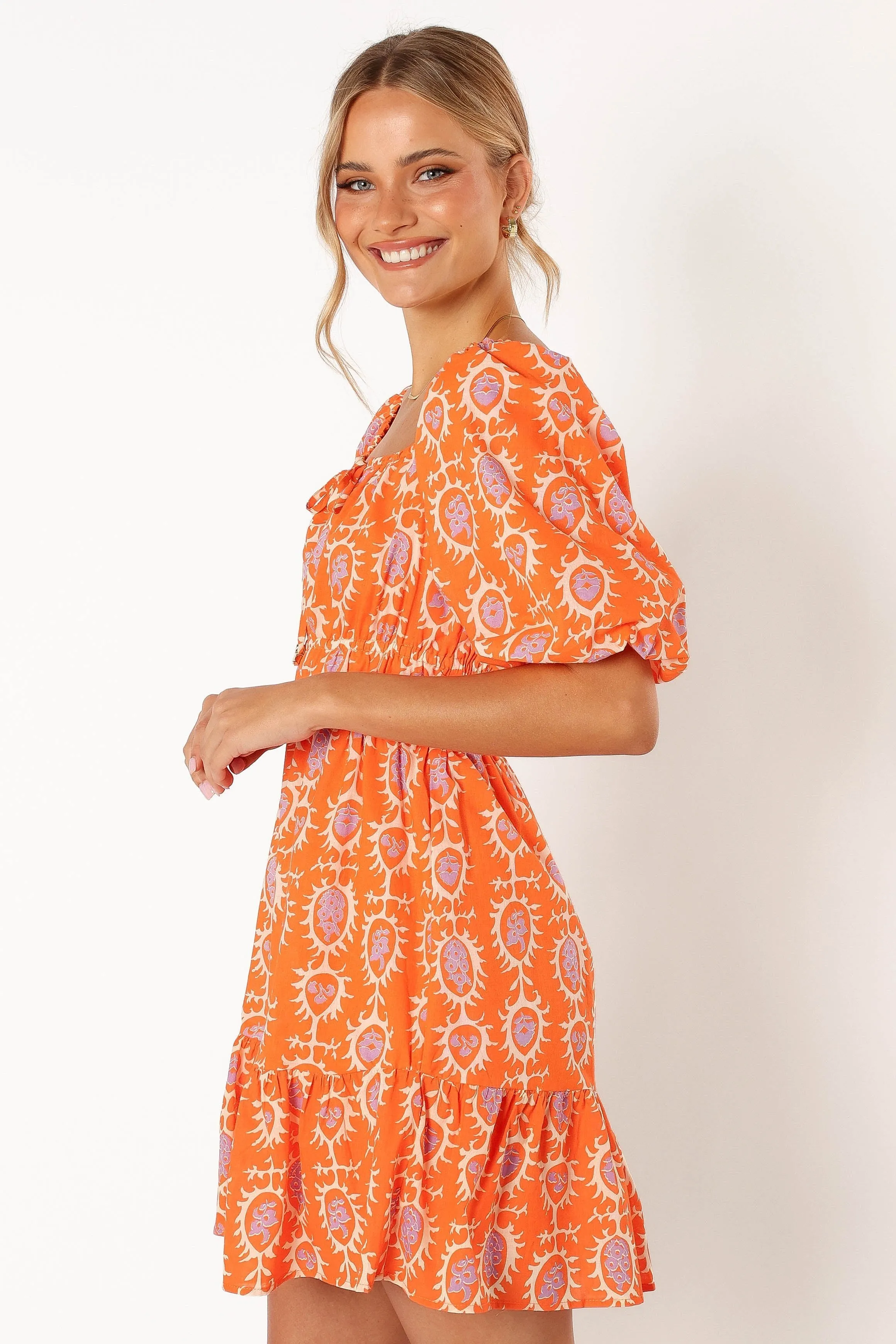 Carmen Off Shoulder Mini Dress - Orange Print sold by Petal & Pup product image thumbnail 2
