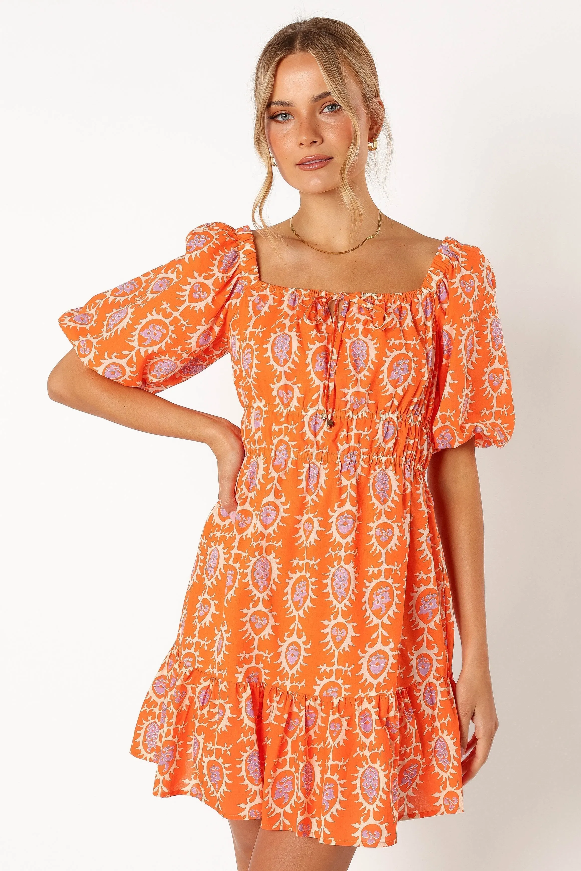 Carmen Off Shoulder Mini Dress - Orange Print sold by Petal & Pup product image thumbnail 5