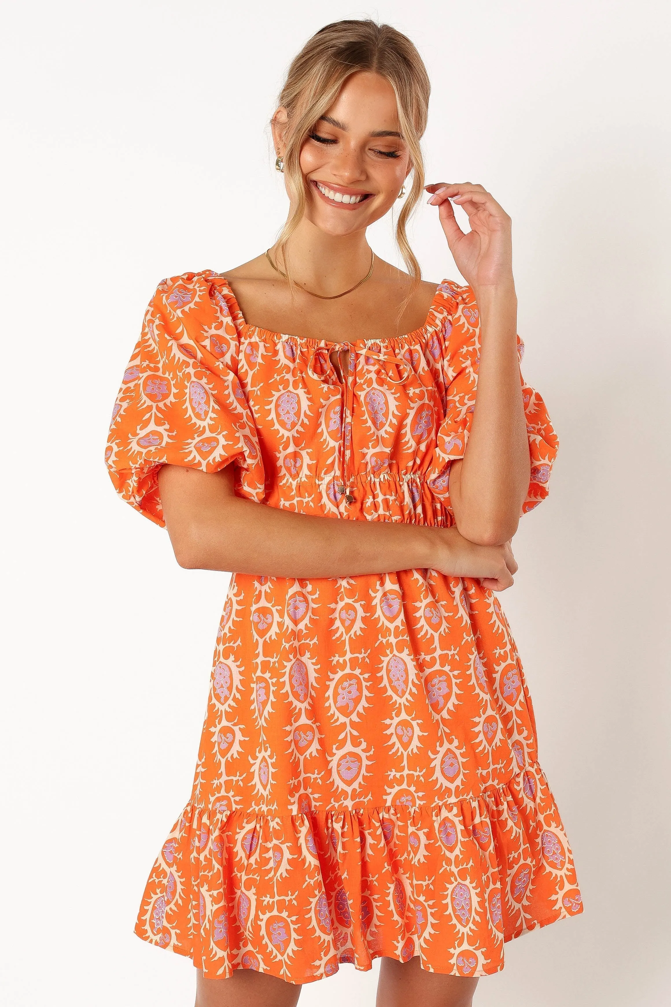 Carmen Off Shoulder Mini Dress - Orange Print sold by Petal & Pup