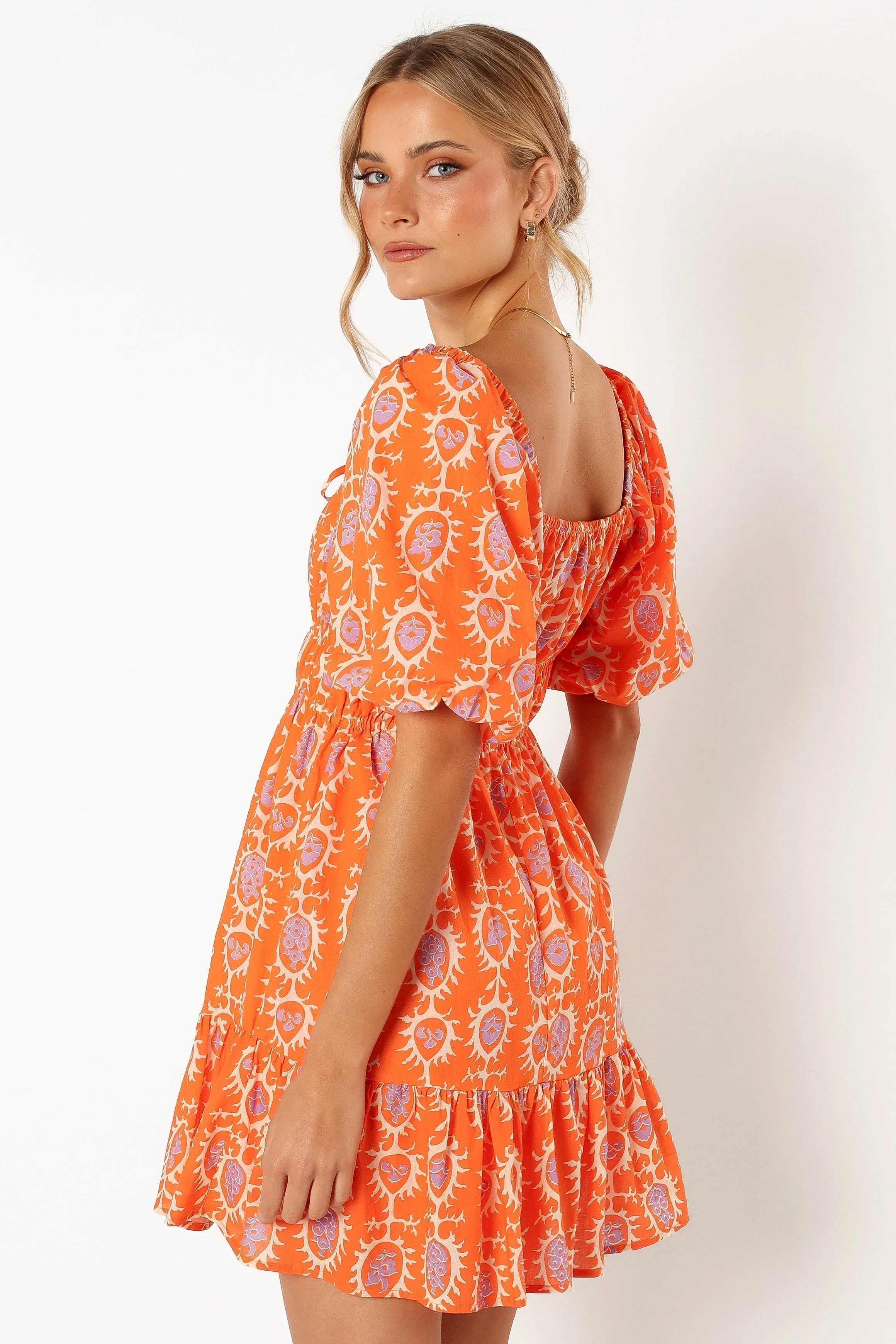 Carmen Off Shoulder Mini Dress - Orange Print sold by Petal & Pup product image thumbnail 3