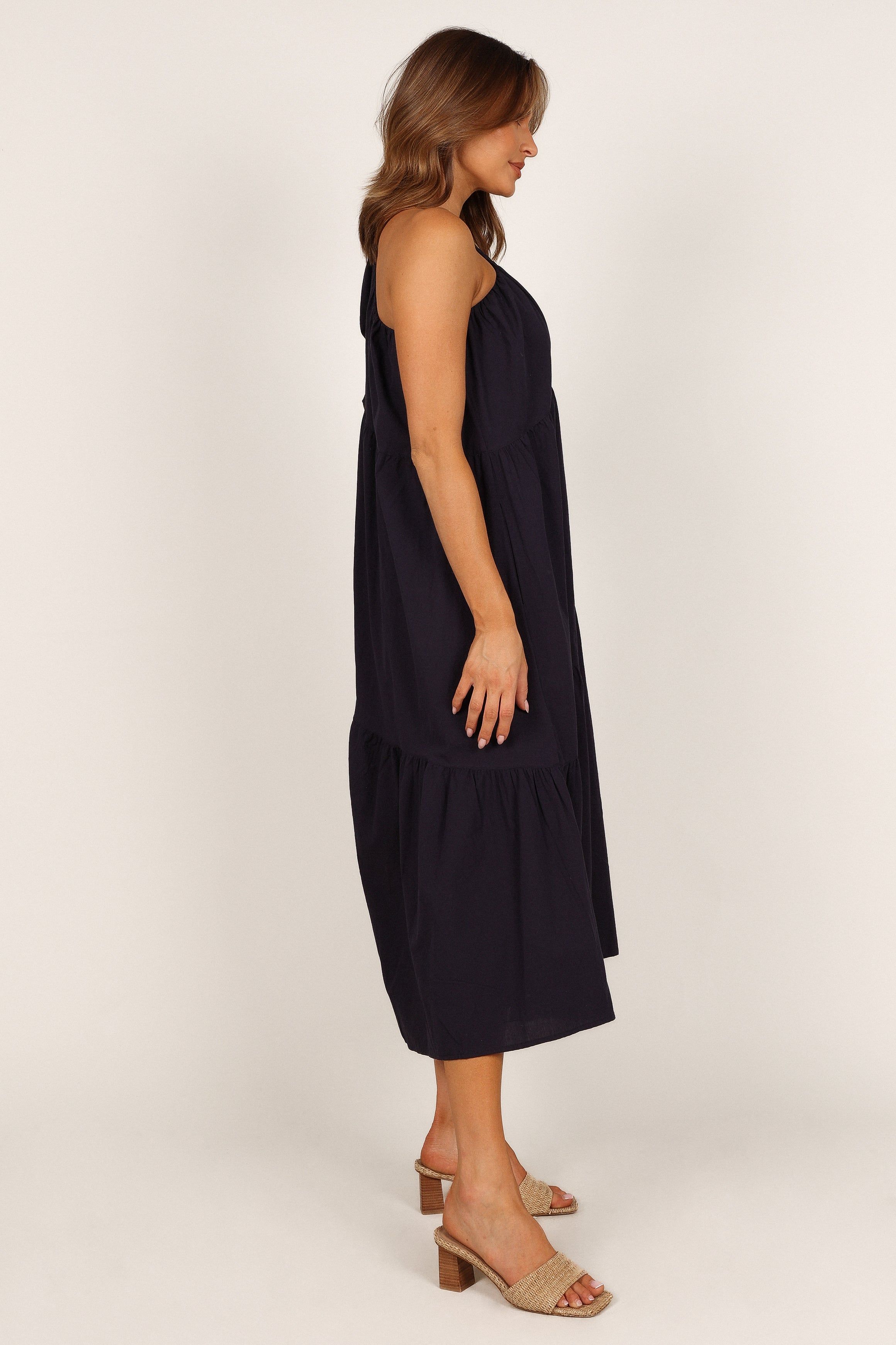 Stephanie One Shoulder Puff Sleeve Midi Dress - Navy sold by Petal & Pup product image thumbnail 5