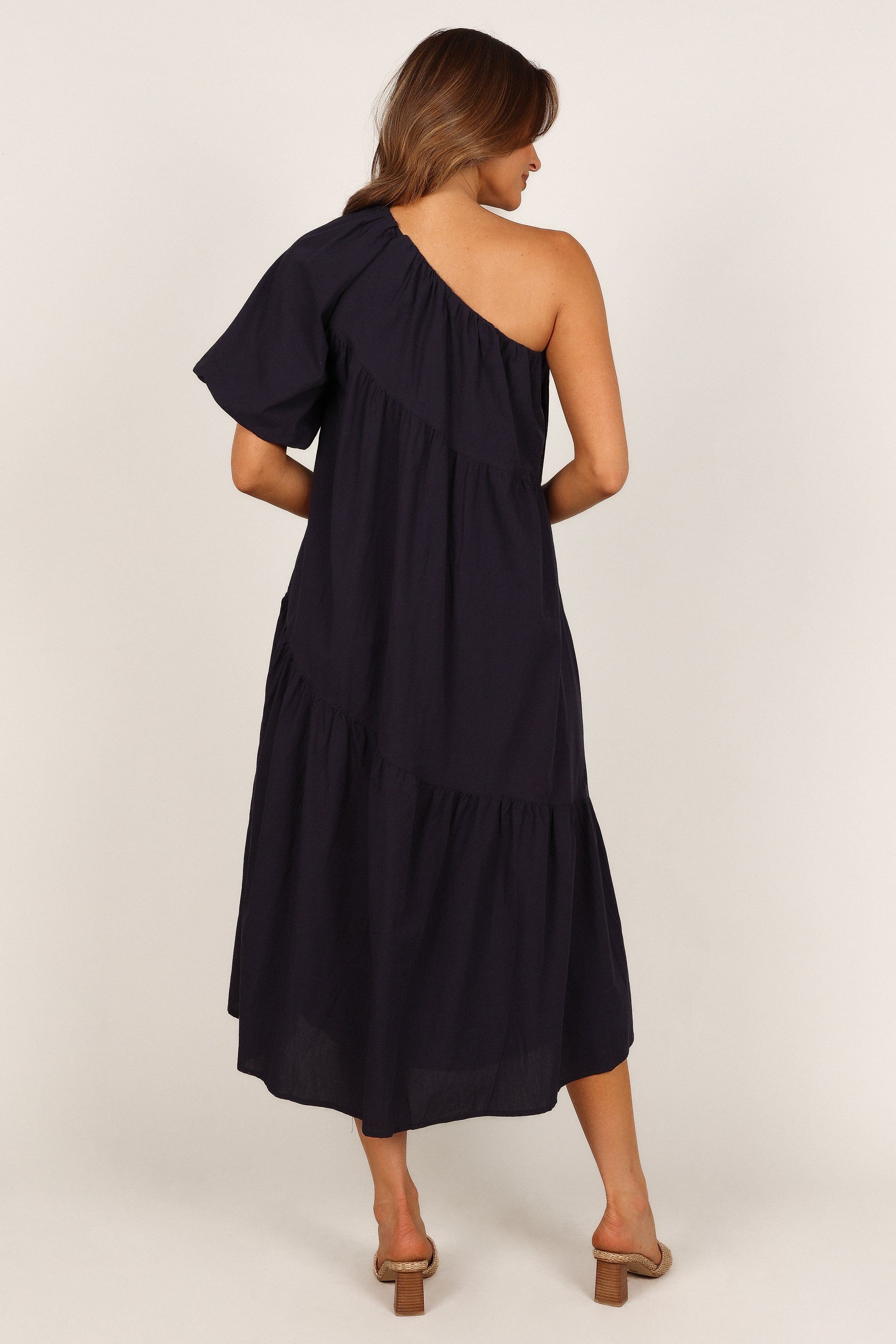 Stephanie One Shoulder Puff Sleeve Midi Dress - Navy sold by Petal & Pup product image thumbnail 4