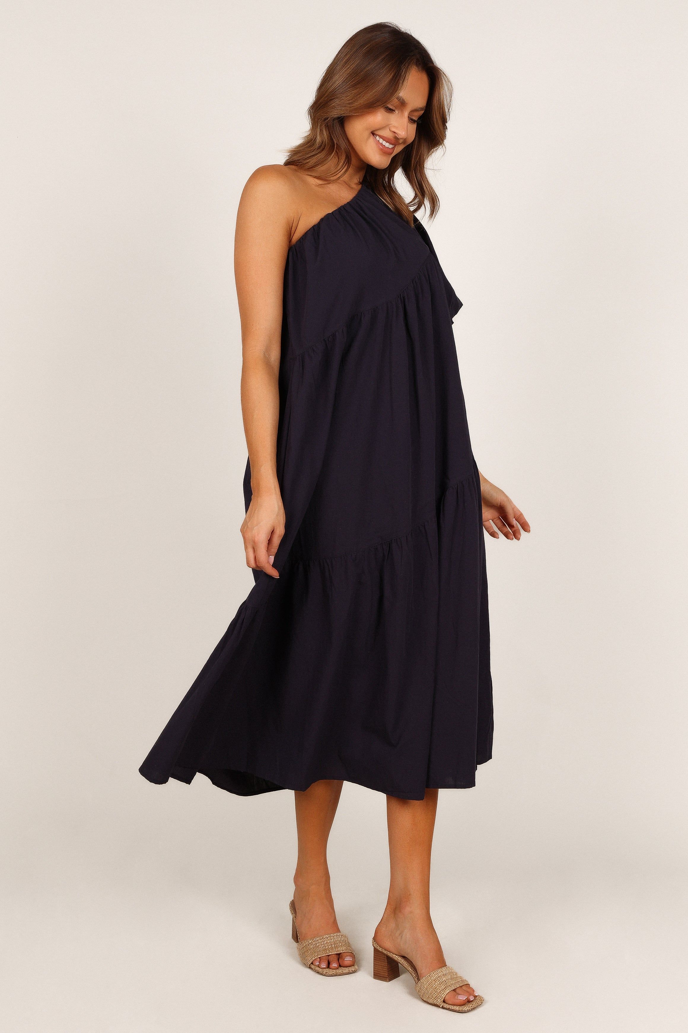Stephanie One Shoulder Puff Sleeve Midi Dress - Navy sold by Petal & Pup product image thumbnail 6