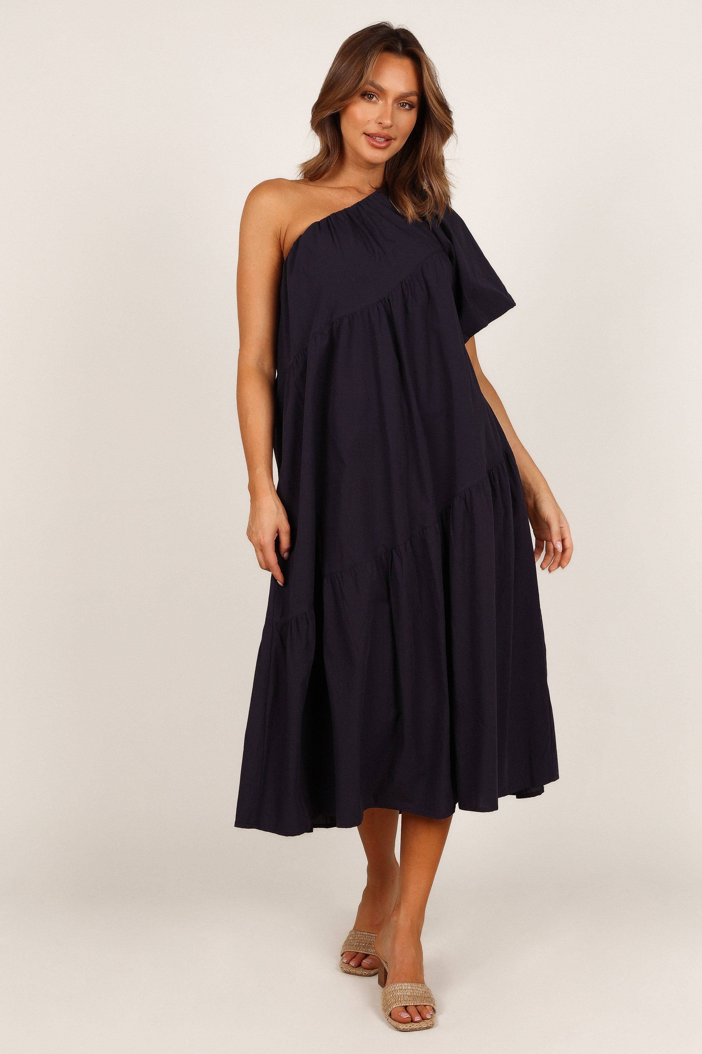 Stephanie One Shoulder Puff Sleeve Midi Dress - Navy sold by Petal & Pup product image thumbnail 7