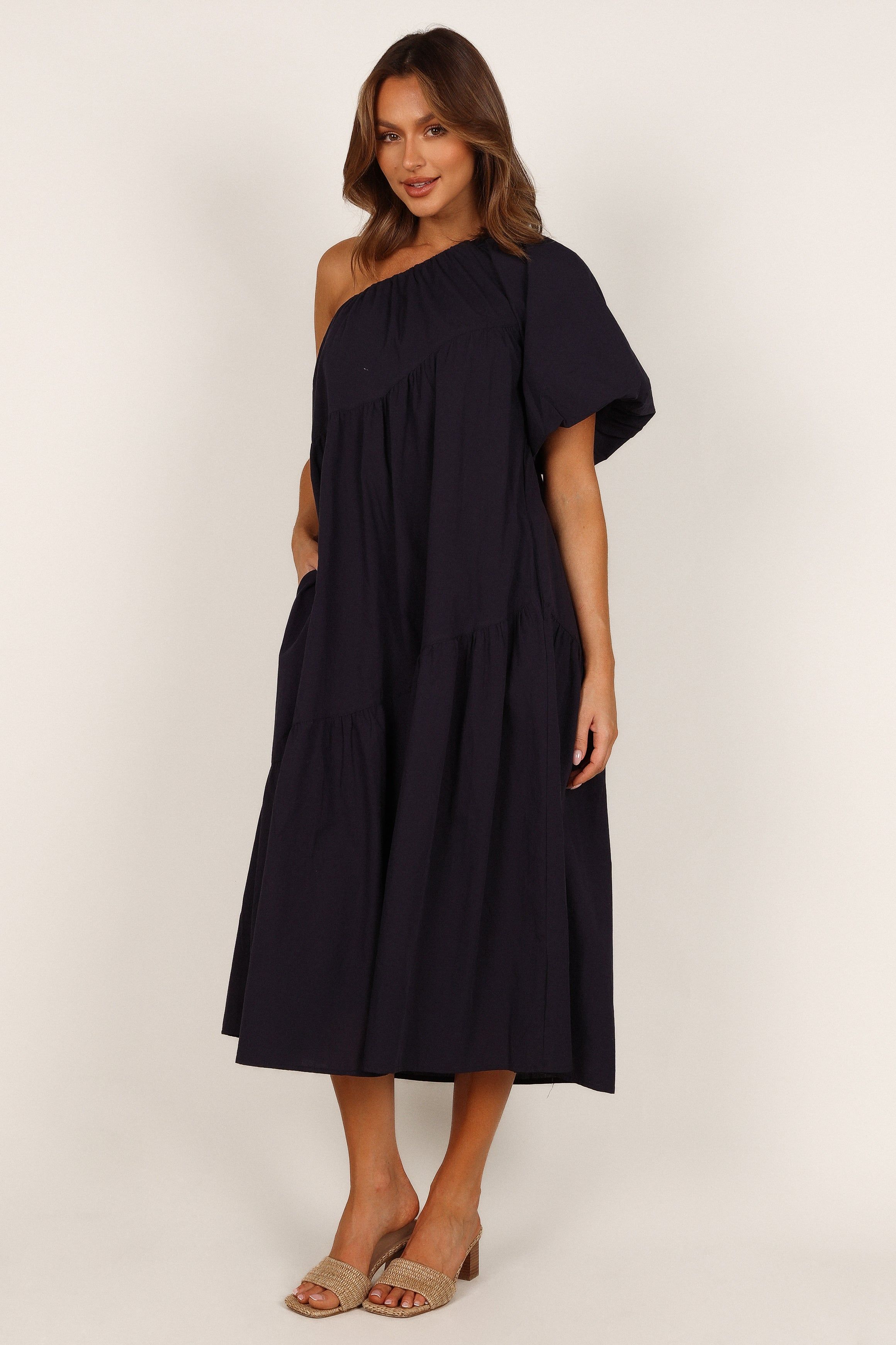 Stephanie One Shoulder Puff Sleeve Midi Dress - Navy sold by Petal & Pup product image thumbnail 3