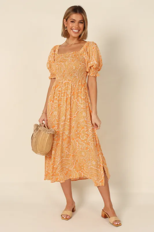 Shanelle Shirred Midi Dress - Orange (bstock) made by Petal & Pup