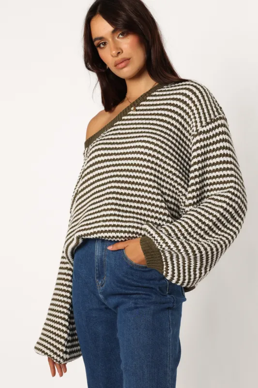 Becca Crewneck Waffle Stitch Stripe Knit Sweater - Olive sold by Petal & Pup