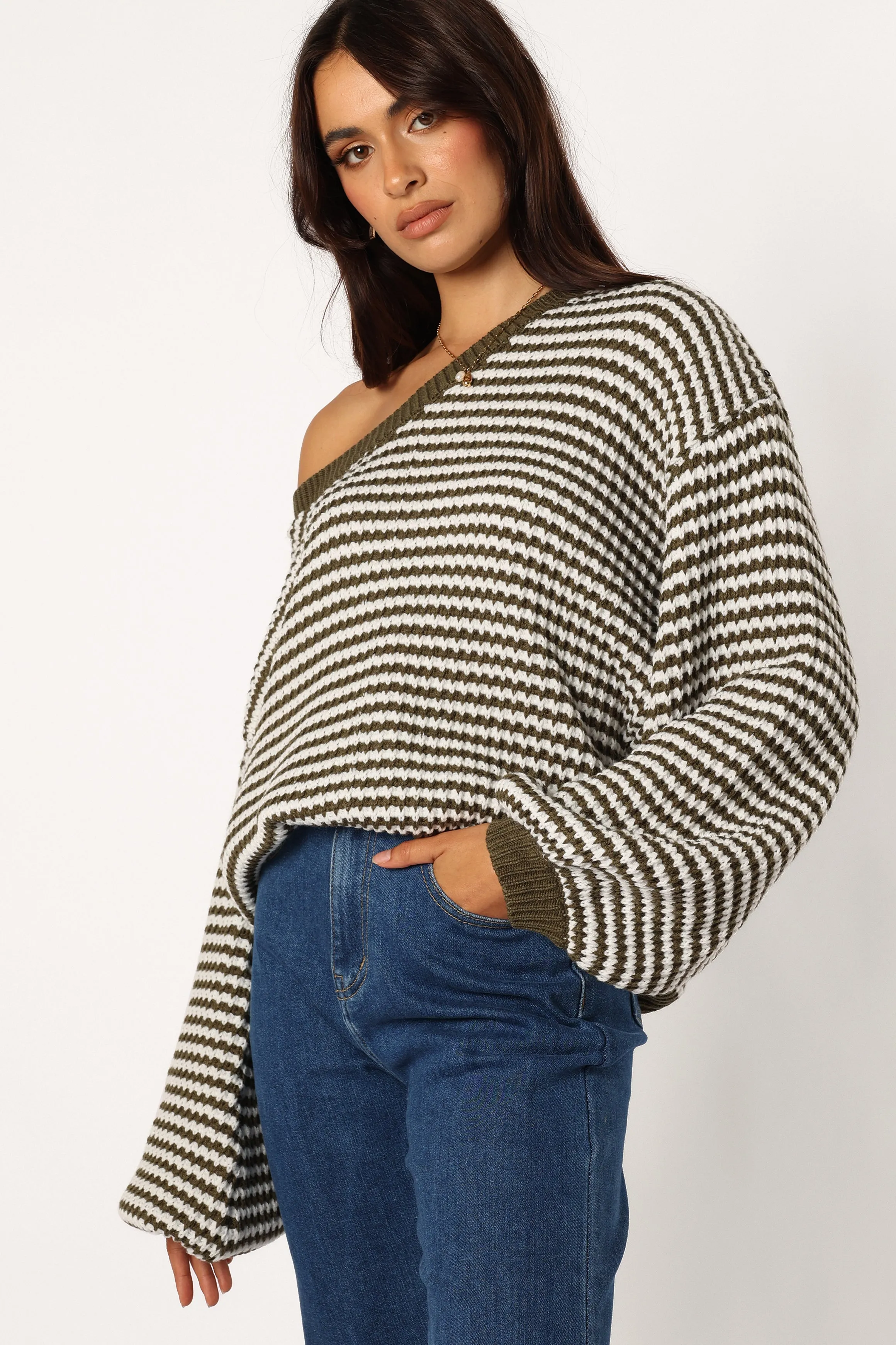 Becca Crewneck Waffle Stitch Stripe Knit Sweater - Olive sold by Petal & Pup