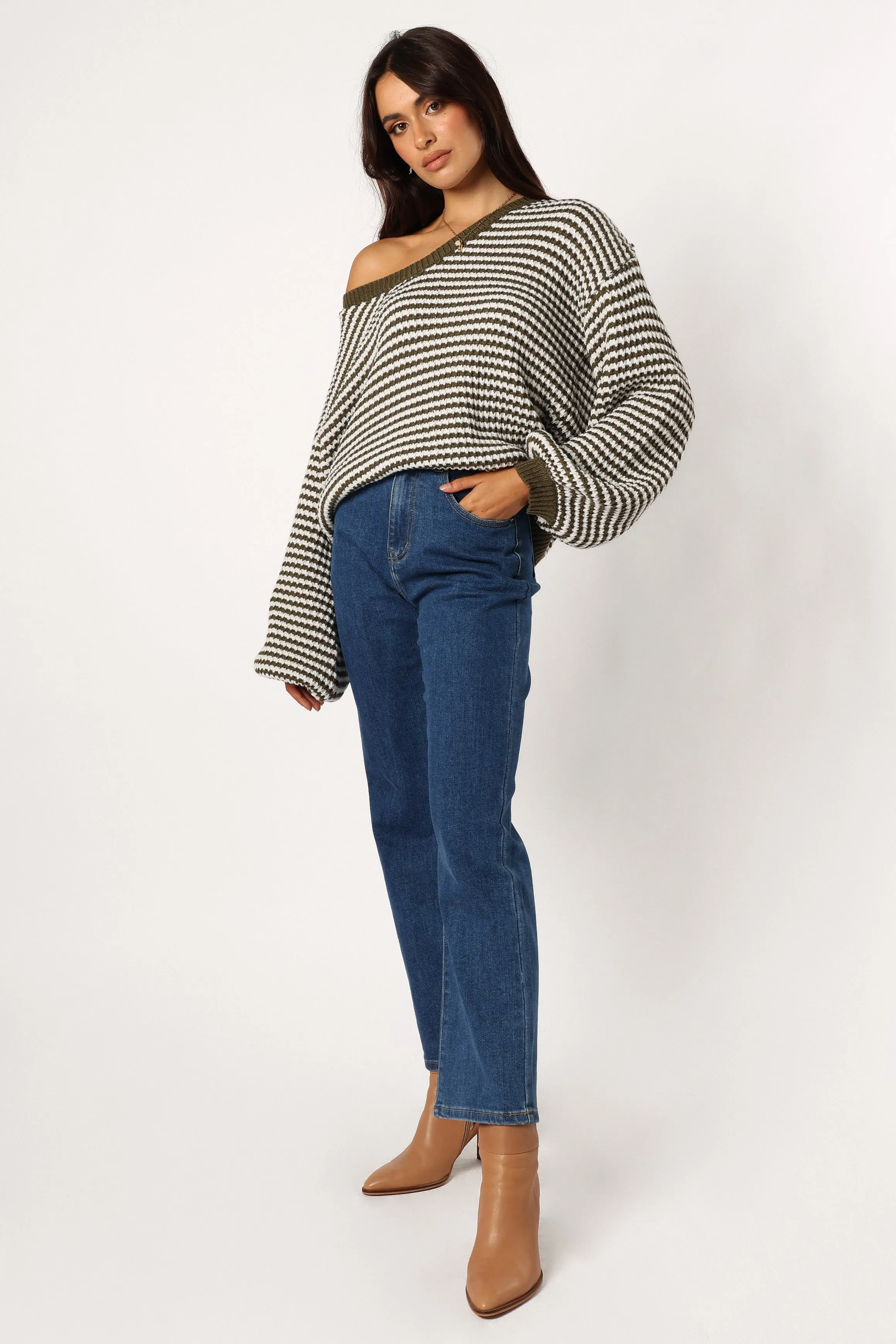 Becca Crewneck Waffle Stitch Stripe Knit Sweater - Olive sold by Petal & Pup product image thumbnail 2