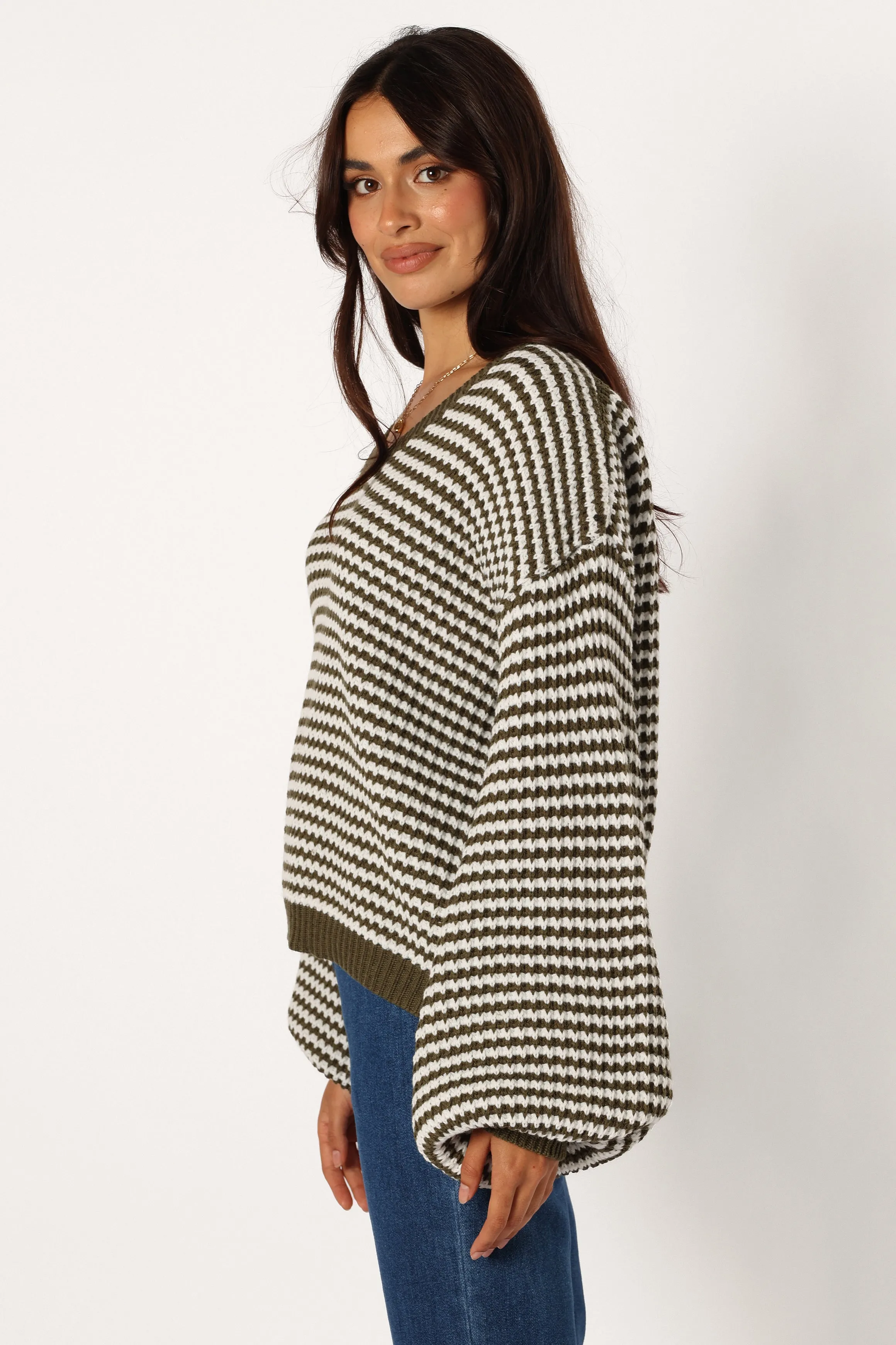 Becca Crewneck Waffle Stitch Stripe Knit Sweater - Olive sold by Petal & Pup product image thumbnail 4