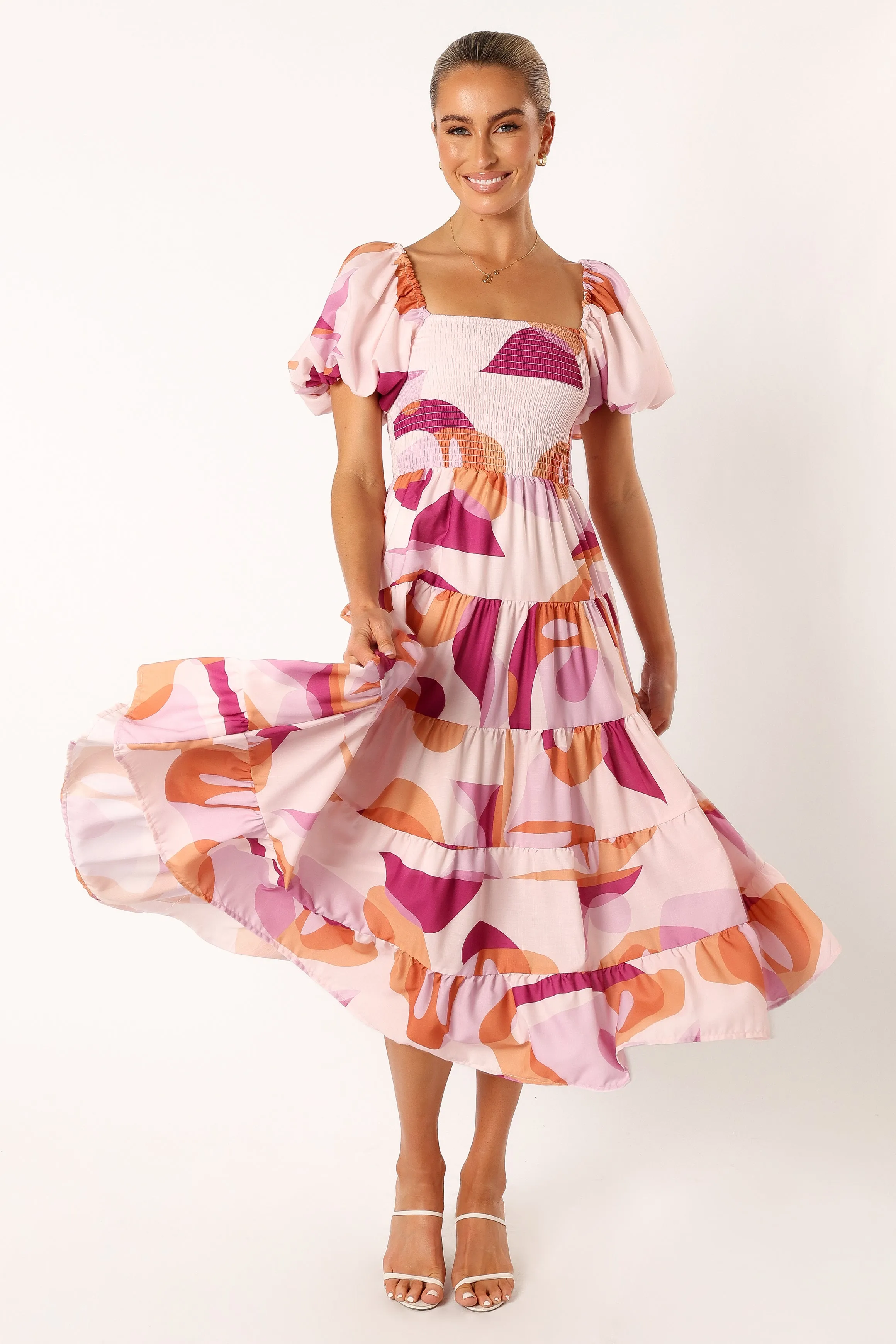 Mollie Puff Sleeve Midi Dress - Pink Swirl sold by Petal & Pup