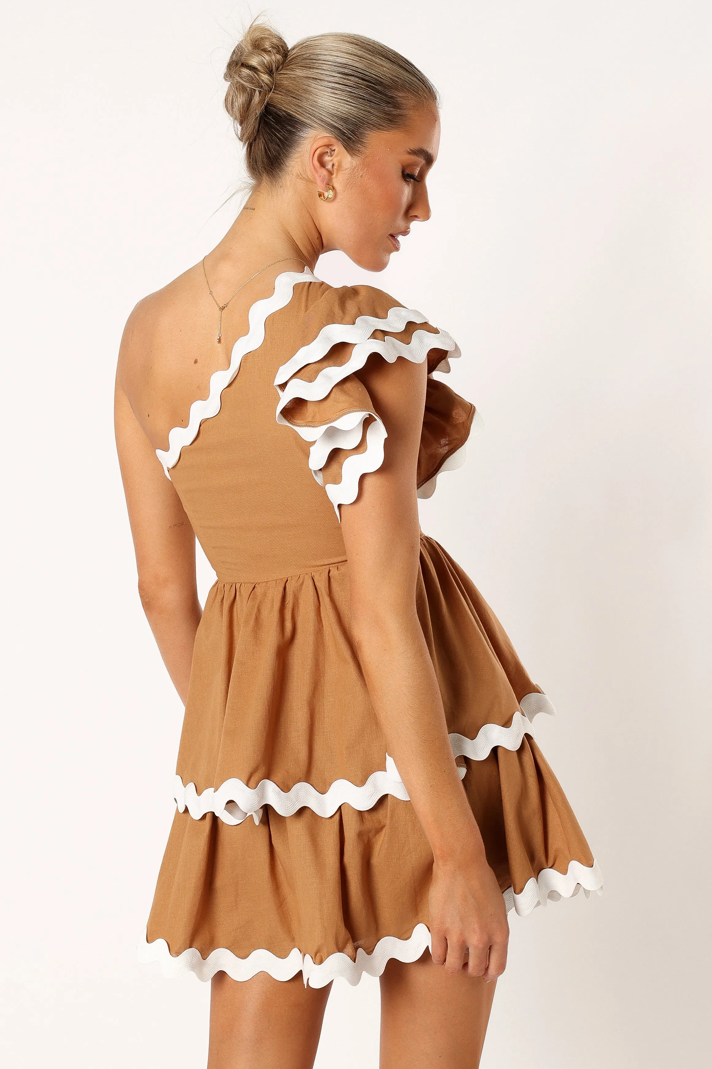 Yolanda One Shoulder Mini Dress - Tan White sold by Petal & Pup product image thumbnail 3