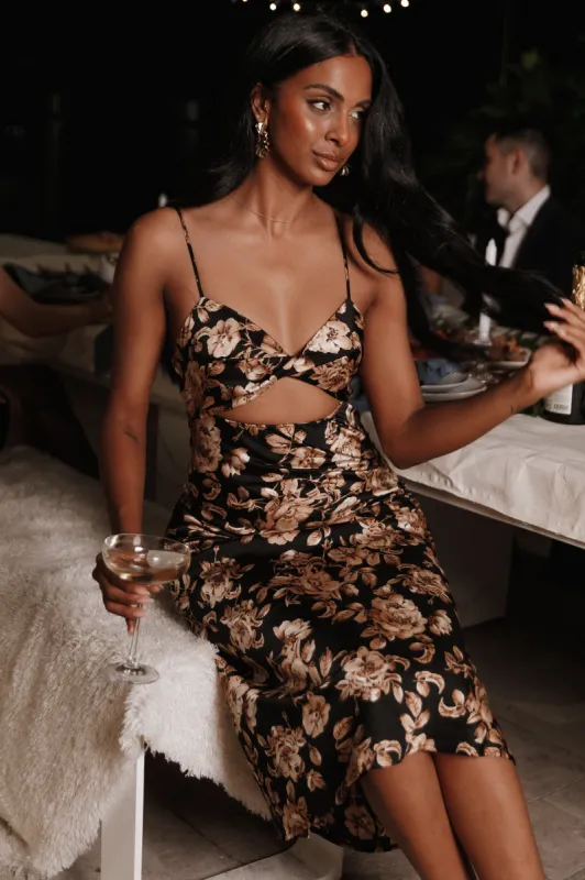 Saga Cut Out Midi Dress - Black Floral sold by Petal & Pup