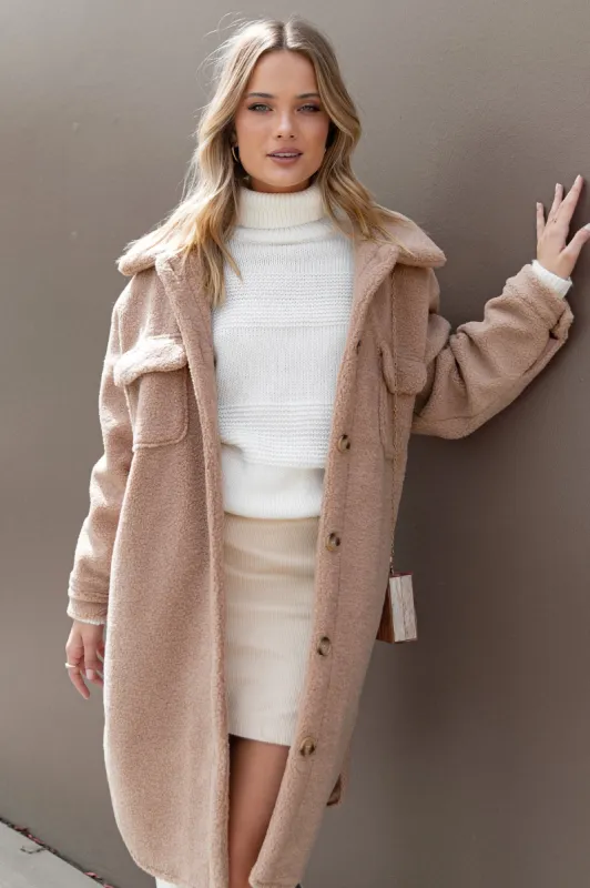 Hannah Cozy Teddy Long Coat - Camel sold by Petal & Pup