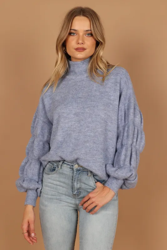 Gabriella Mock Neck Sleeve Detail Knit Sweater - Dusty Blue sold by Petal & Pup