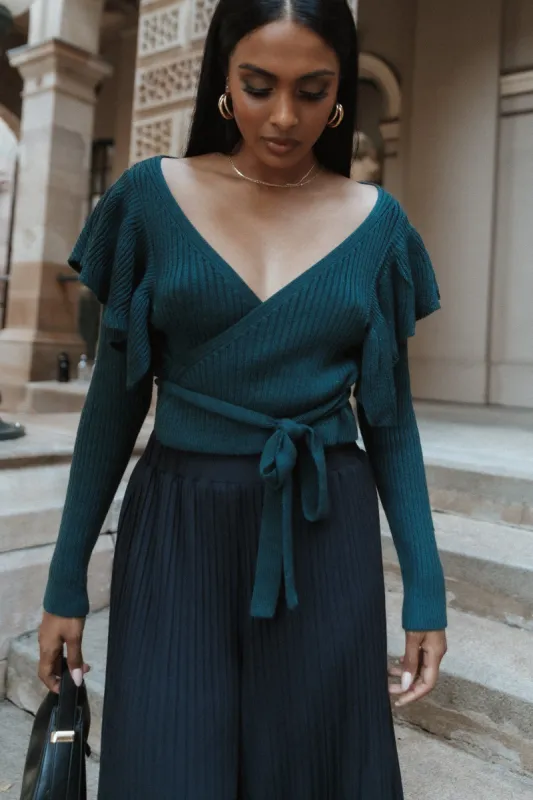 Reese Ruffle Shoulder Wrap Knit Sweater - Hunter Green made by Petal & Pup