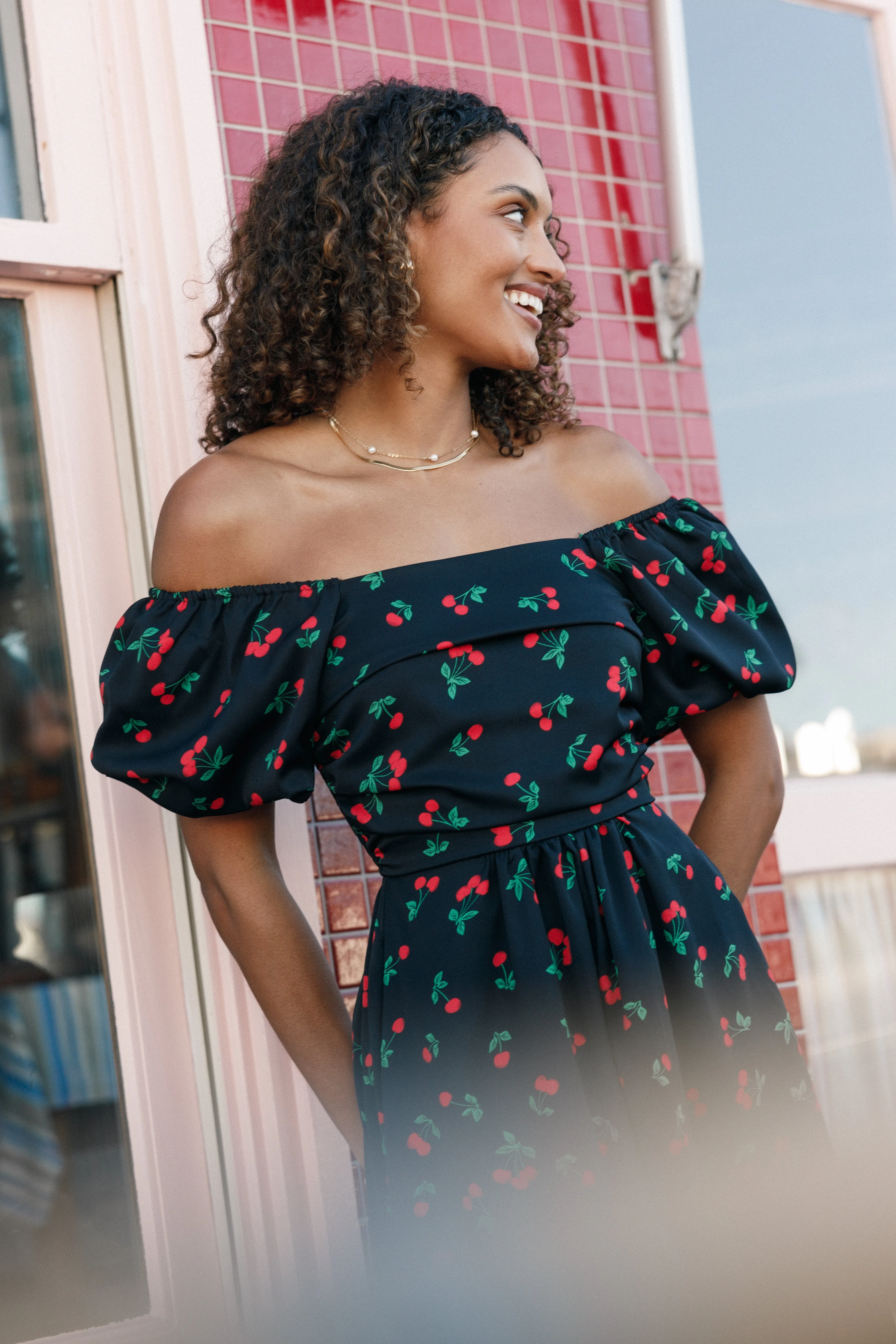 Chlo Puff Sleeve Midi Dress - Cherry Print sold by Petal & Pup product image thumbnail 2