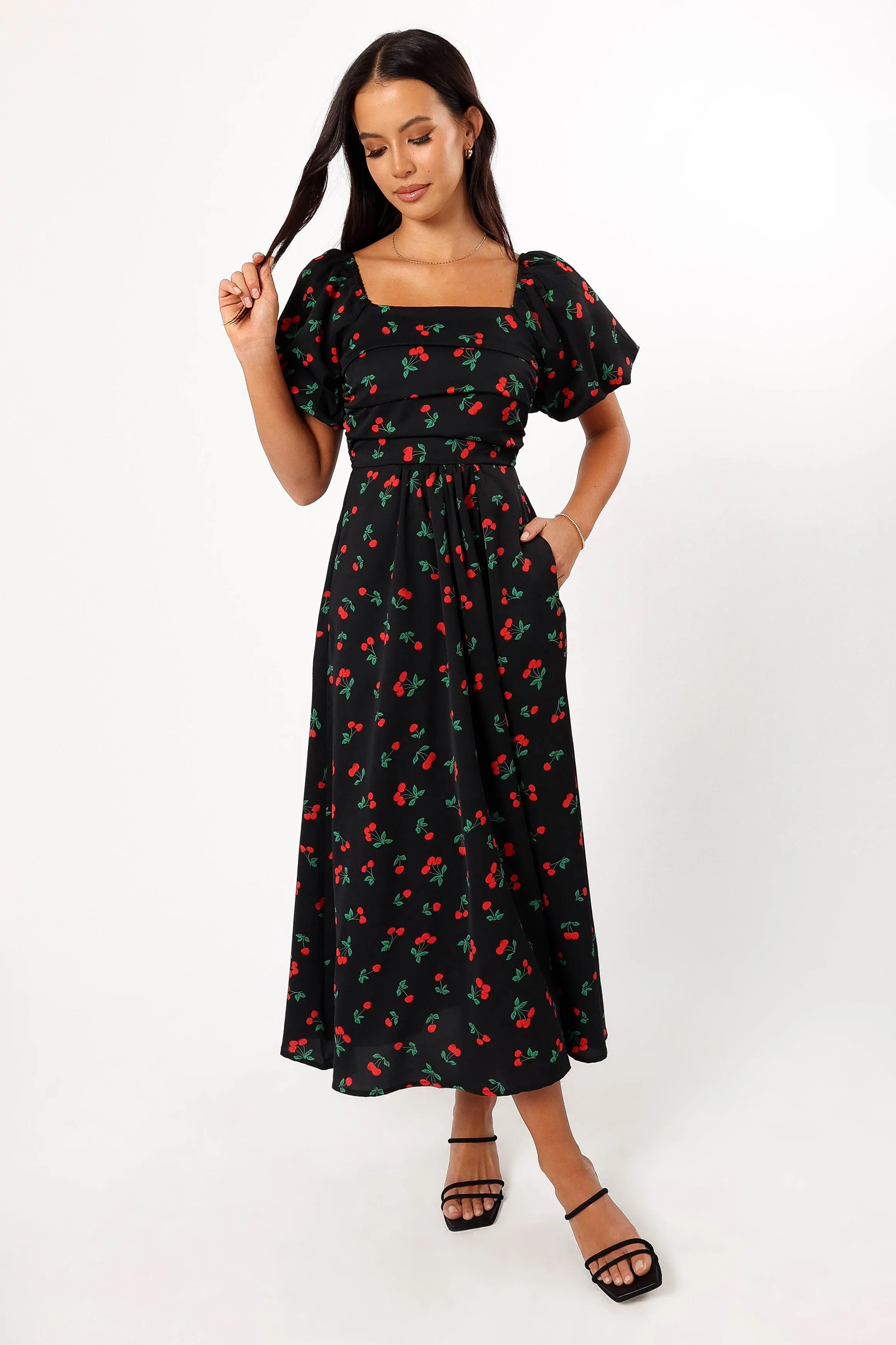 Chlo Puff Sleeve Midi Dress - Cherry Print sold by Petal & Pup product image thumbnail 3