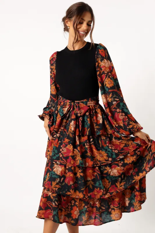 Sayge Frill Midi Dress - Black Floral sold by Petal & Pup