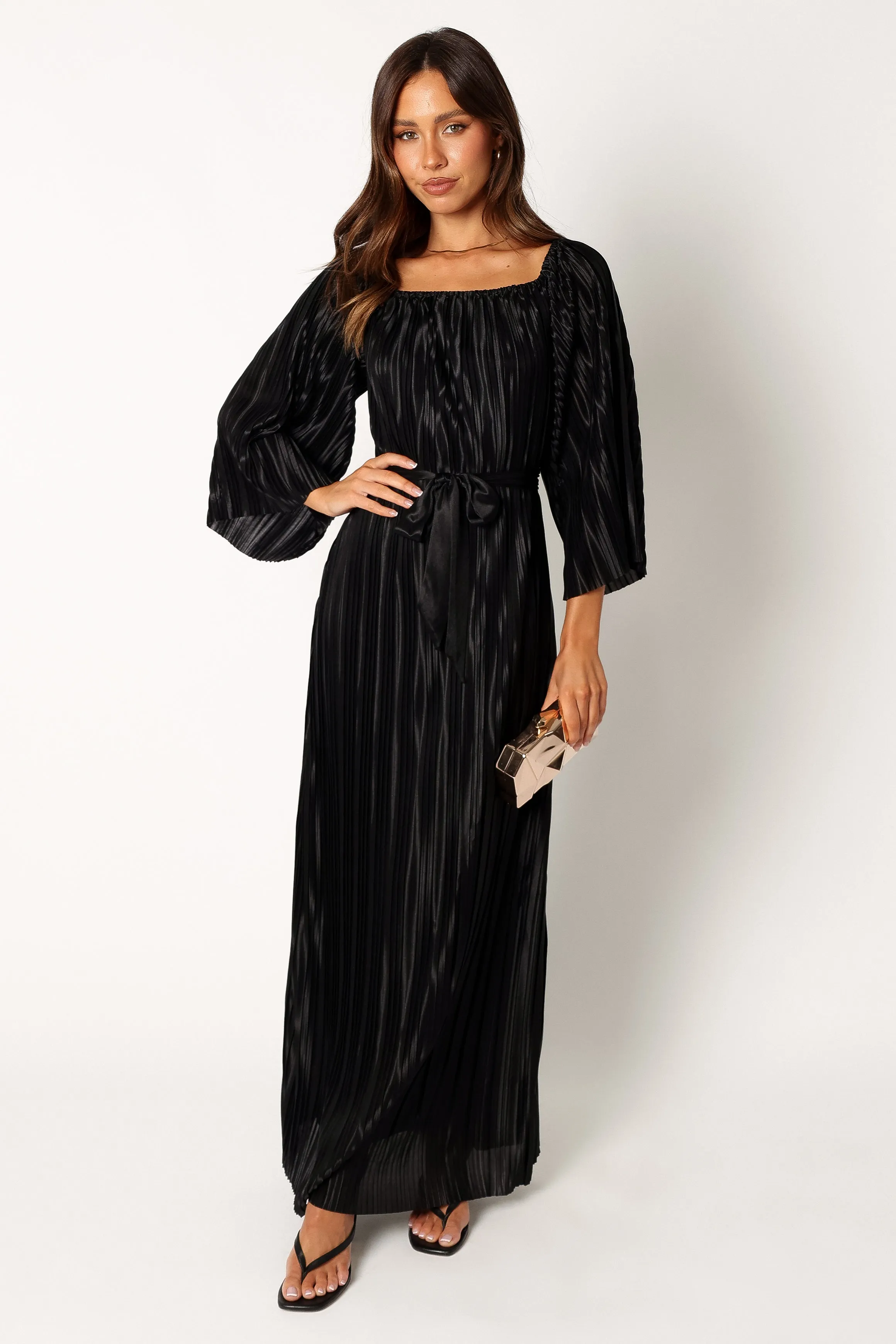 Josephine Long Sleeve Pleated Maxi Dress - Black sold by Petal & Pup