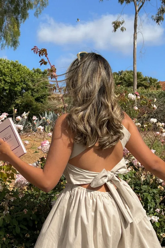 Johanna Tie Back Mini Dress - Beige sold by Petal & Pup