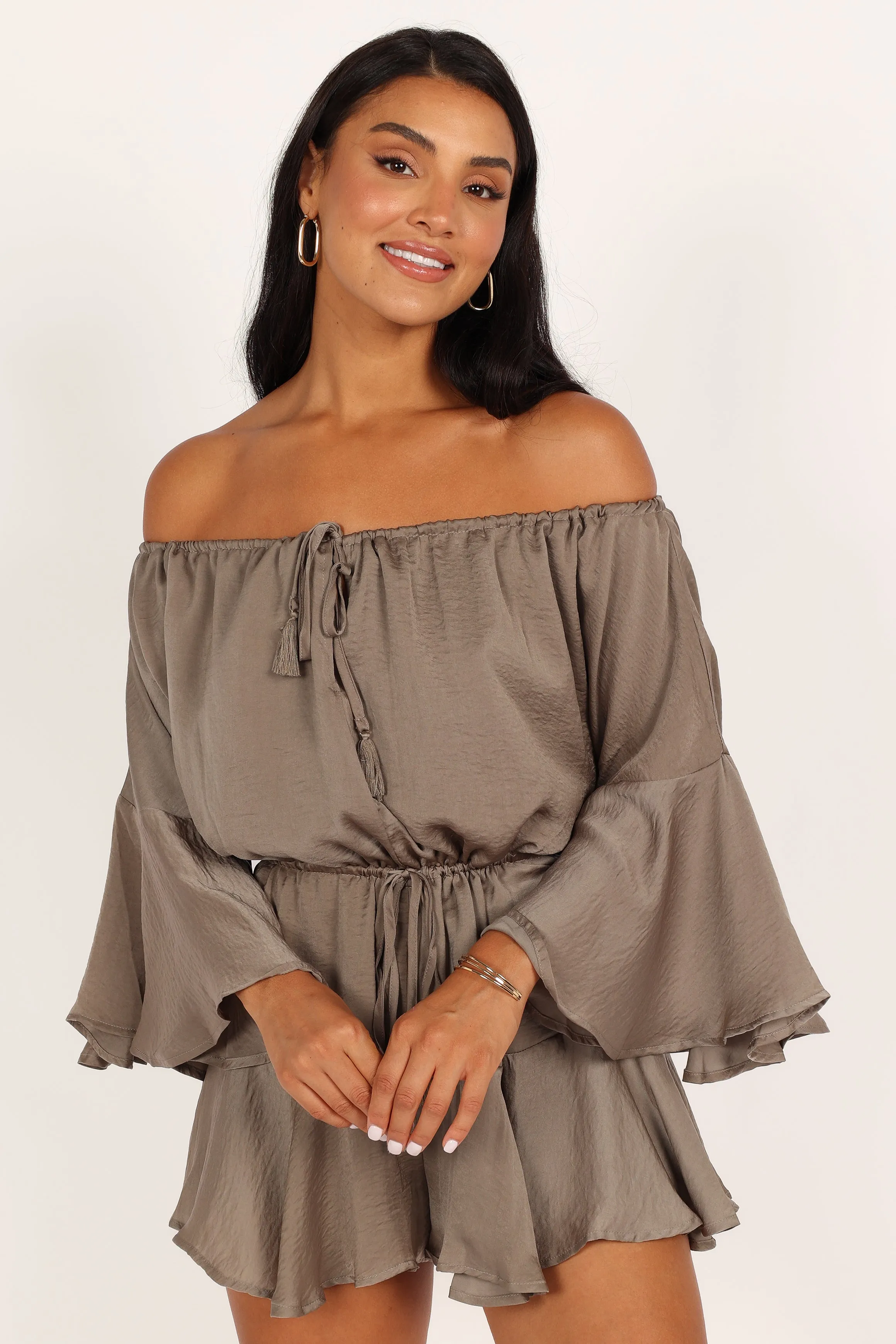 Roam Off Shoulder romper - Olive sold by Petal & Pup