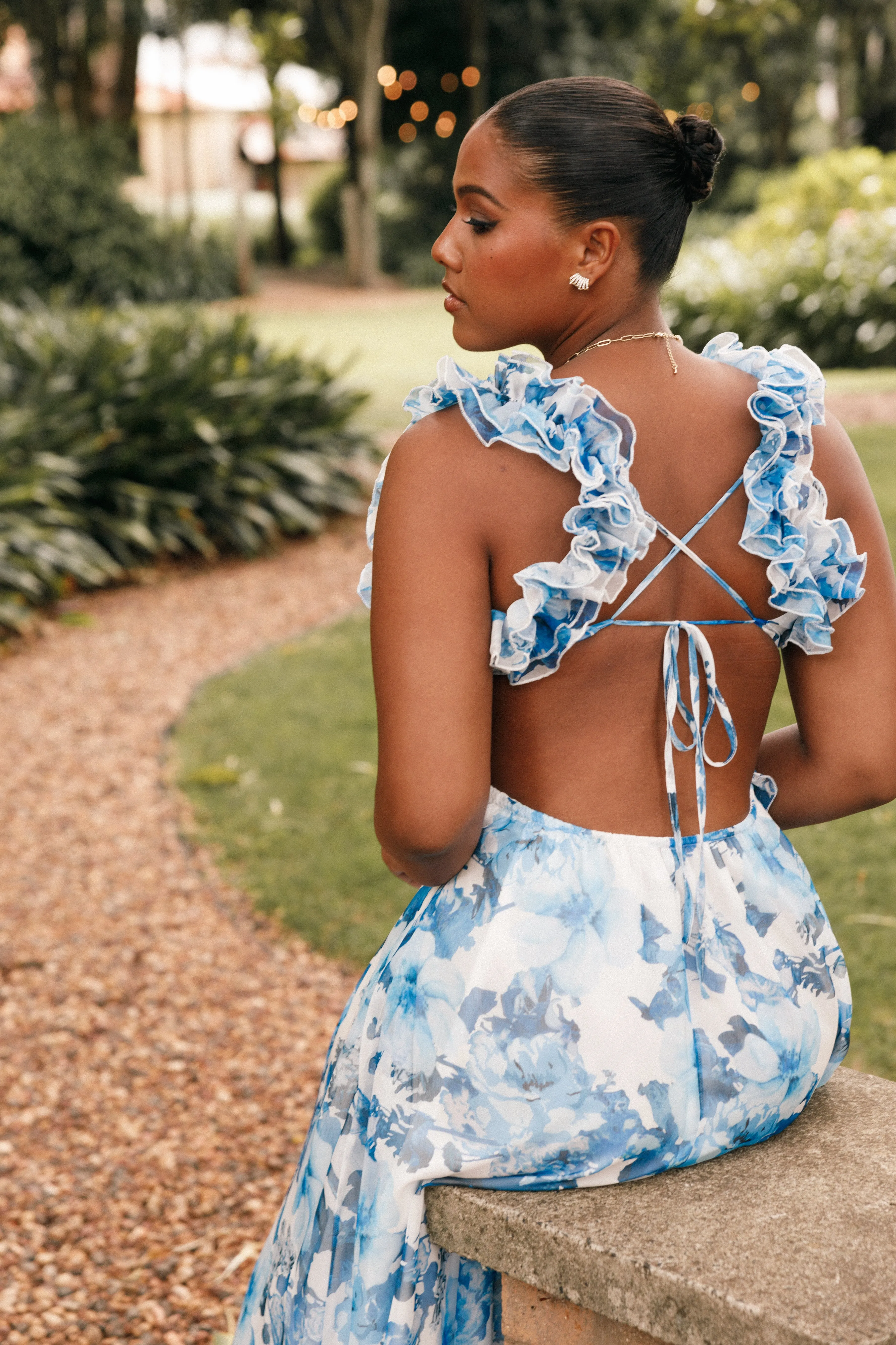 Lucah Frill Shoulder Maxi Dress - Blue White Floral sold by Petal & Pup