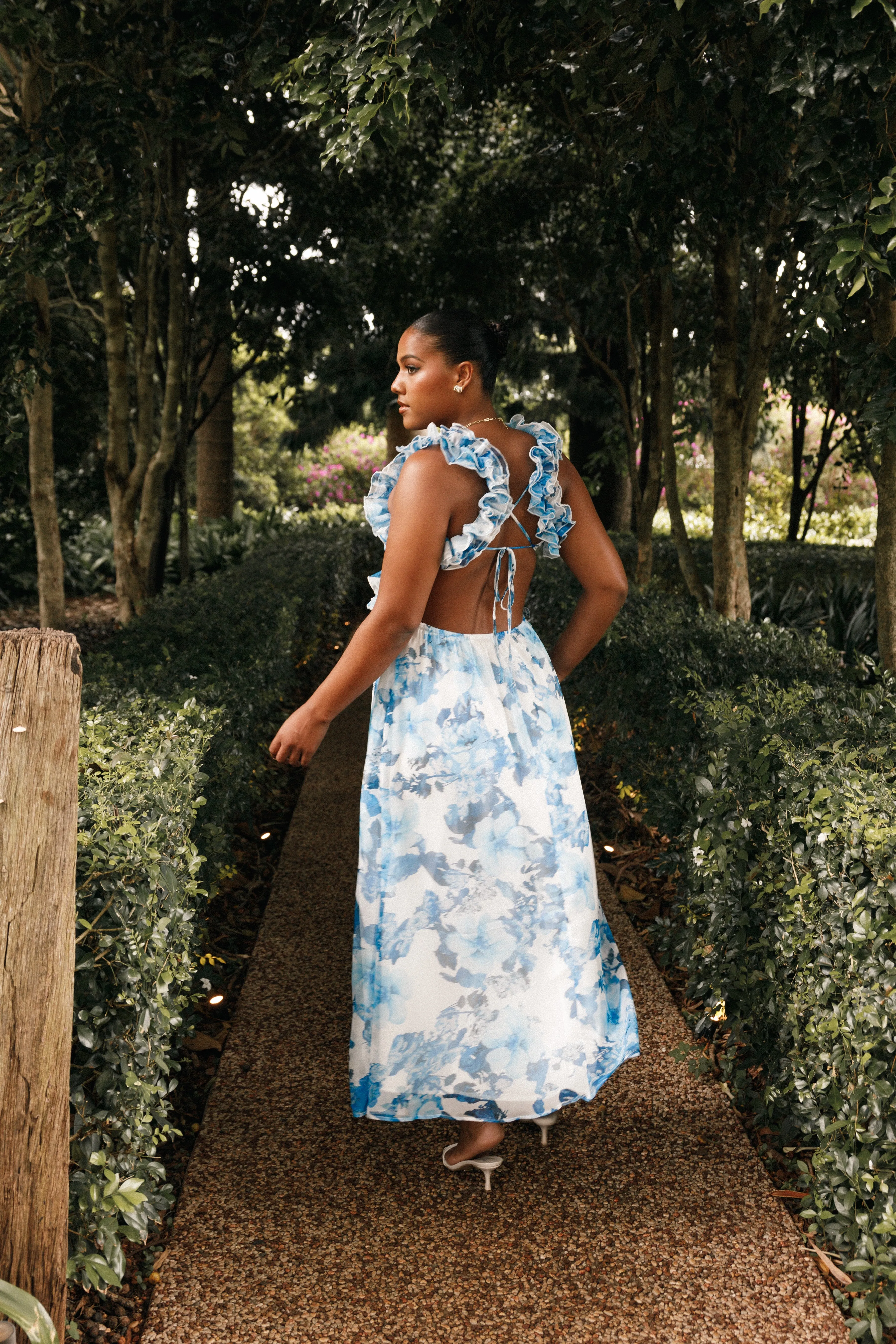 Lucah Frill Shoulder Maxi Dress - Blue White Floral sold by Petal & Pup product image thumbnail 3
