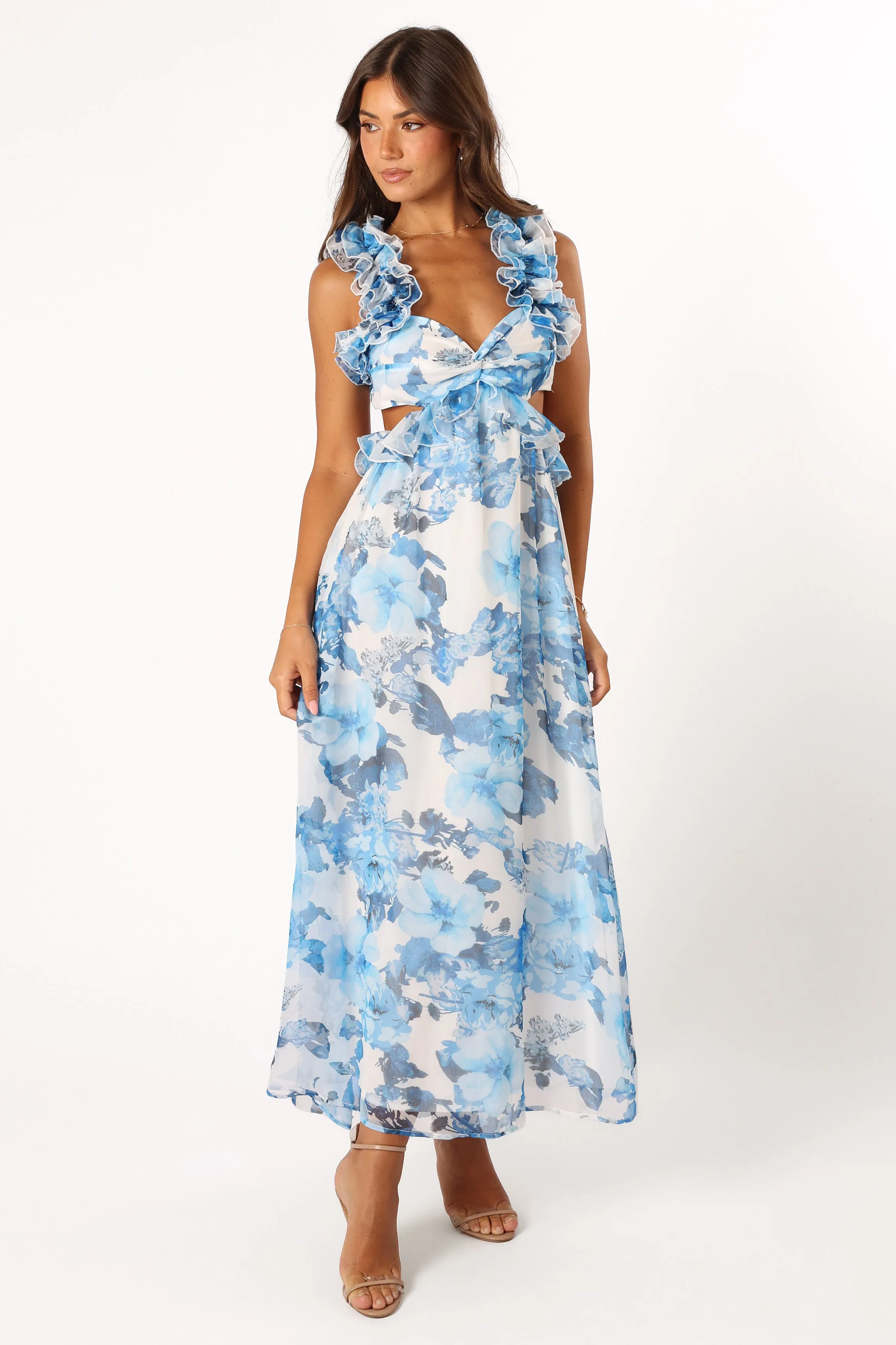 Lucah Frill Shoulder Maxi Dress - Blue White Floral sold by Petal & Pup product image thumbnail 5