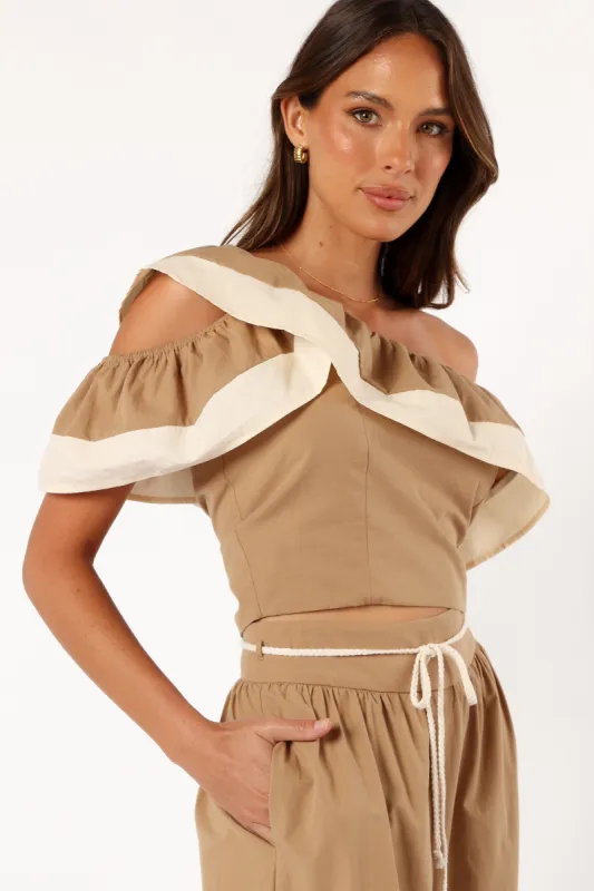 Everly One Shoulder Top - Khaki/Cream sold by Petal & Pup