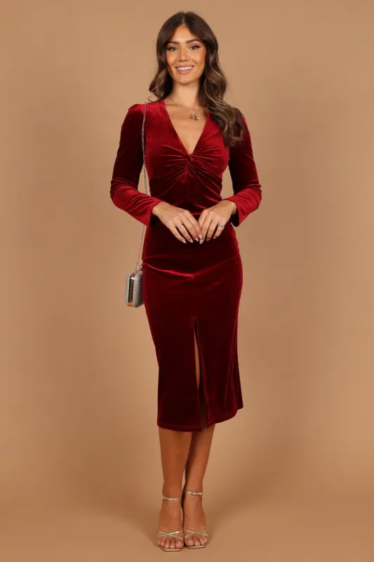 Lisse Twist Front Long Sleeve Velvet Midi Dress - Wine sold by Petal & Pup