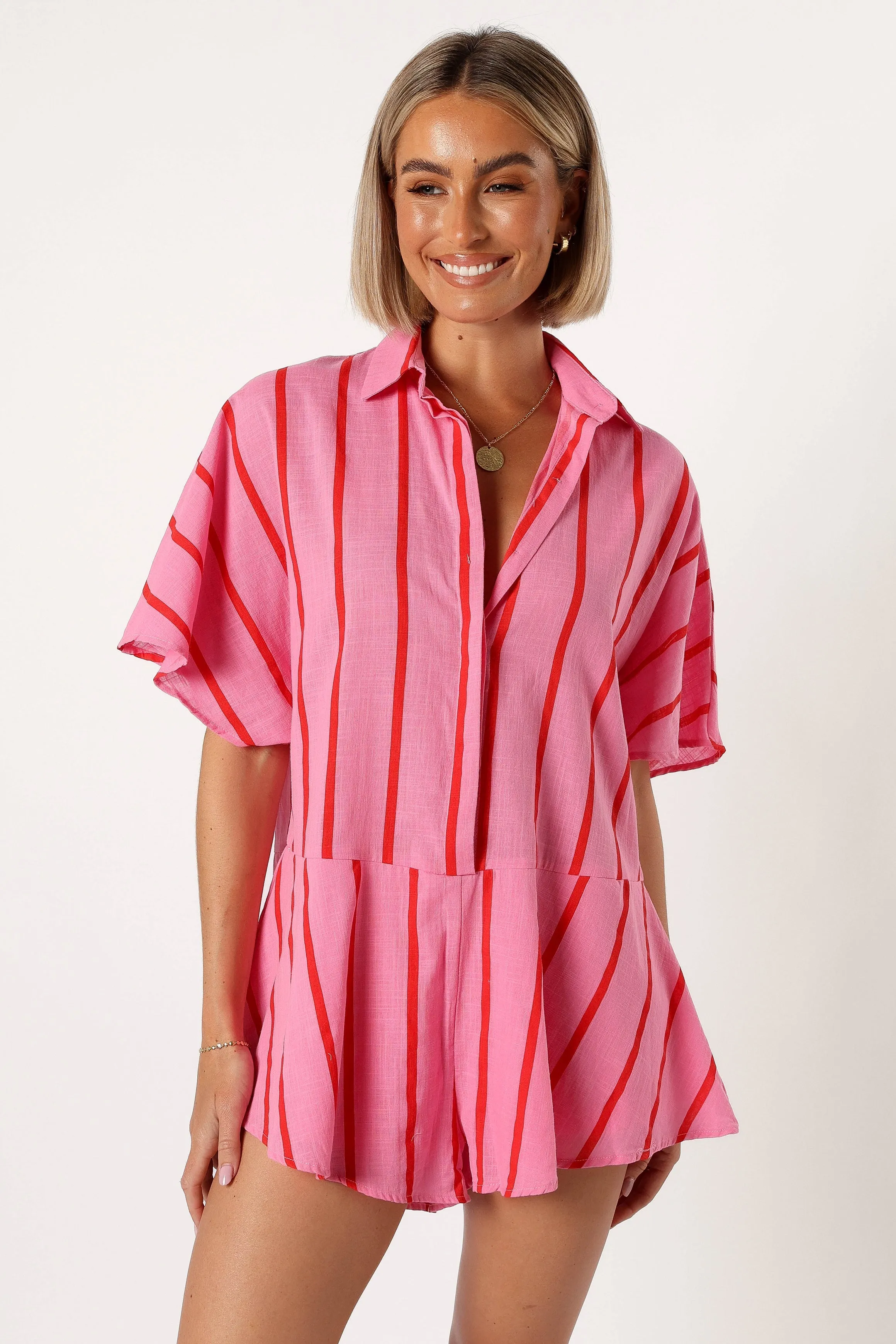 Sebastian Romper - Pink Red Stripe sold by Petal & Pup