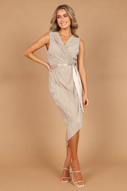 Poitre Pleated Wrap Midi Dress - Champagne sold by Petal & Pup