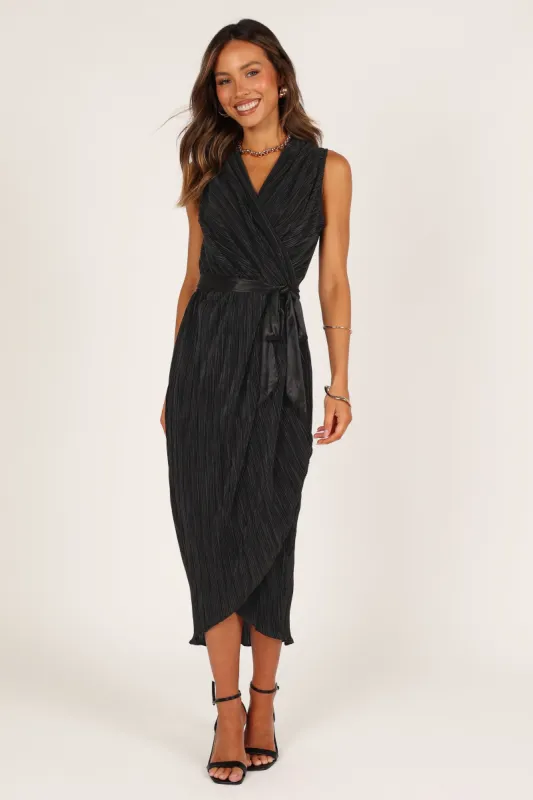 Poitre Pleated Wrap Midi Dress - Black sold by Petal & Pup