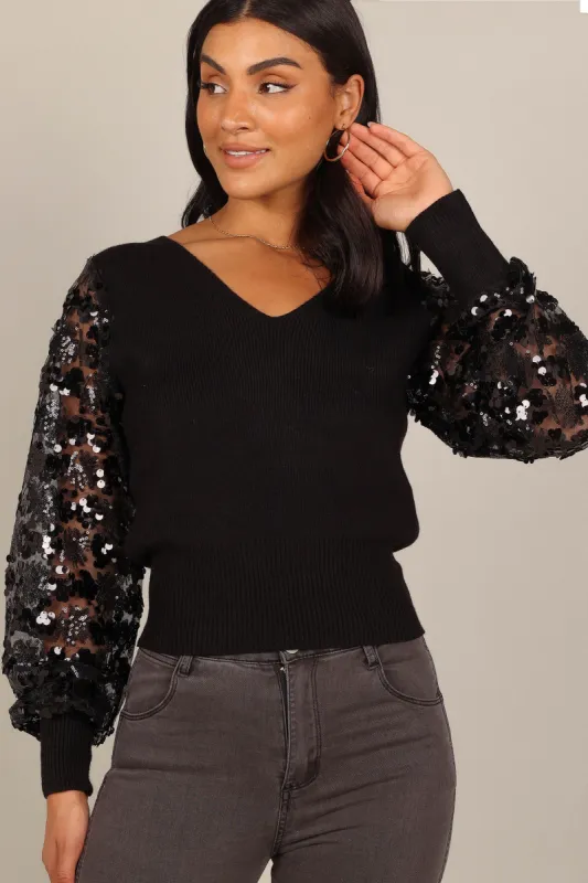Alexa Sequin Sleeve Vneck Knit Sweater - Black sold by Petal & Pup