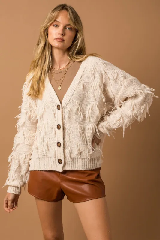 Angela Fringed Button Up Cardigan - Cream sold by Petal & Pup