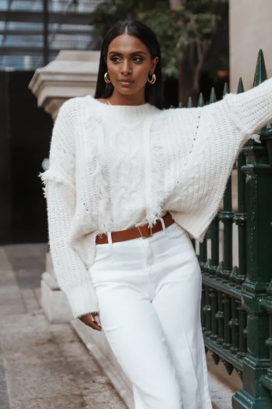 Piper Crewneck Fringed Knit Sweater - Ivory sold by Petal & Pup