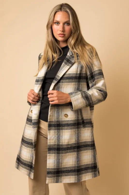 Patty Double Breasted Plaid Long Coat - Cream/Charcoal sold by Petal & Pup